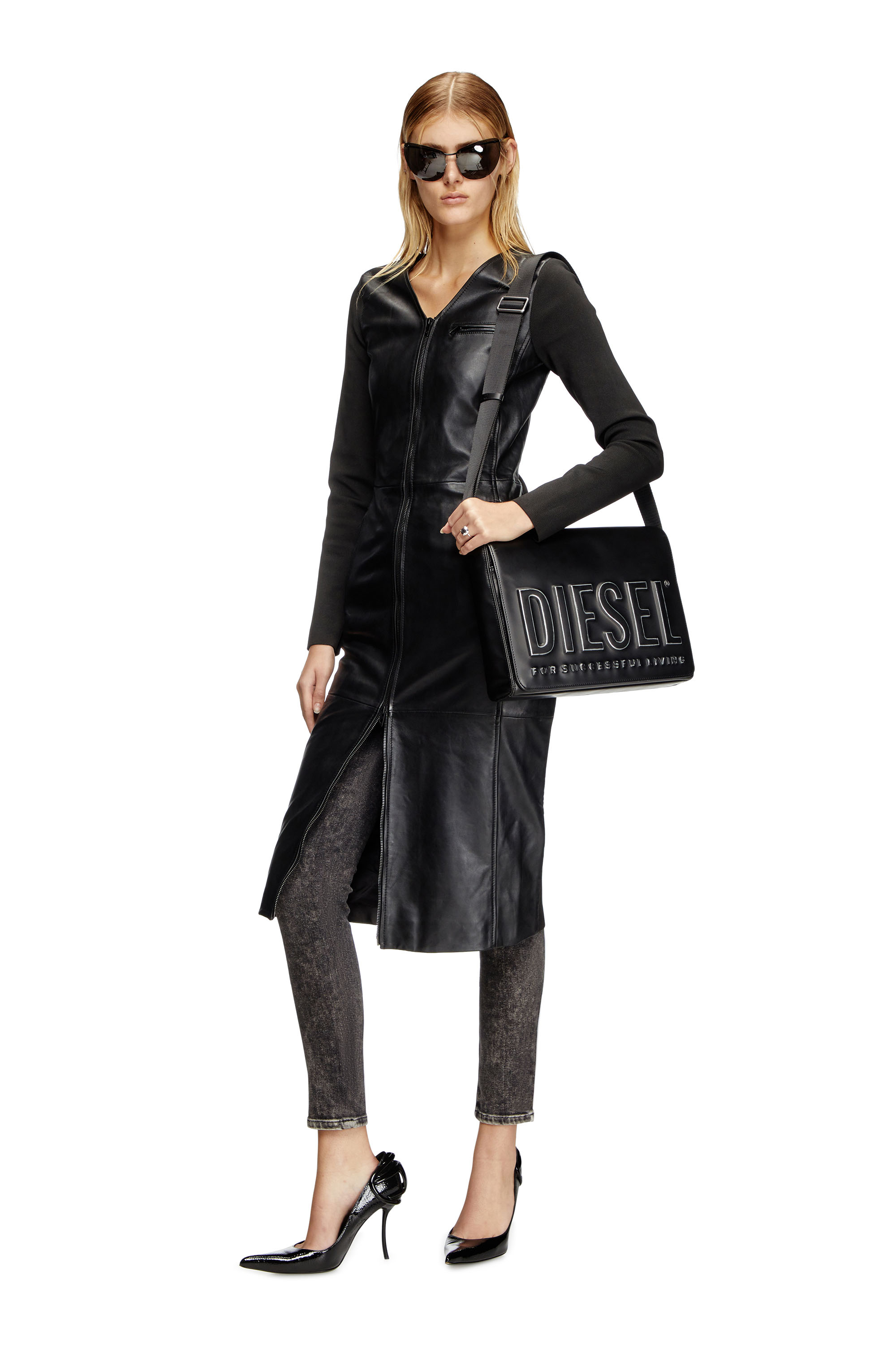 Diesel - L-OLA, Woman's Dress in leather and stretch knit in Black - 1