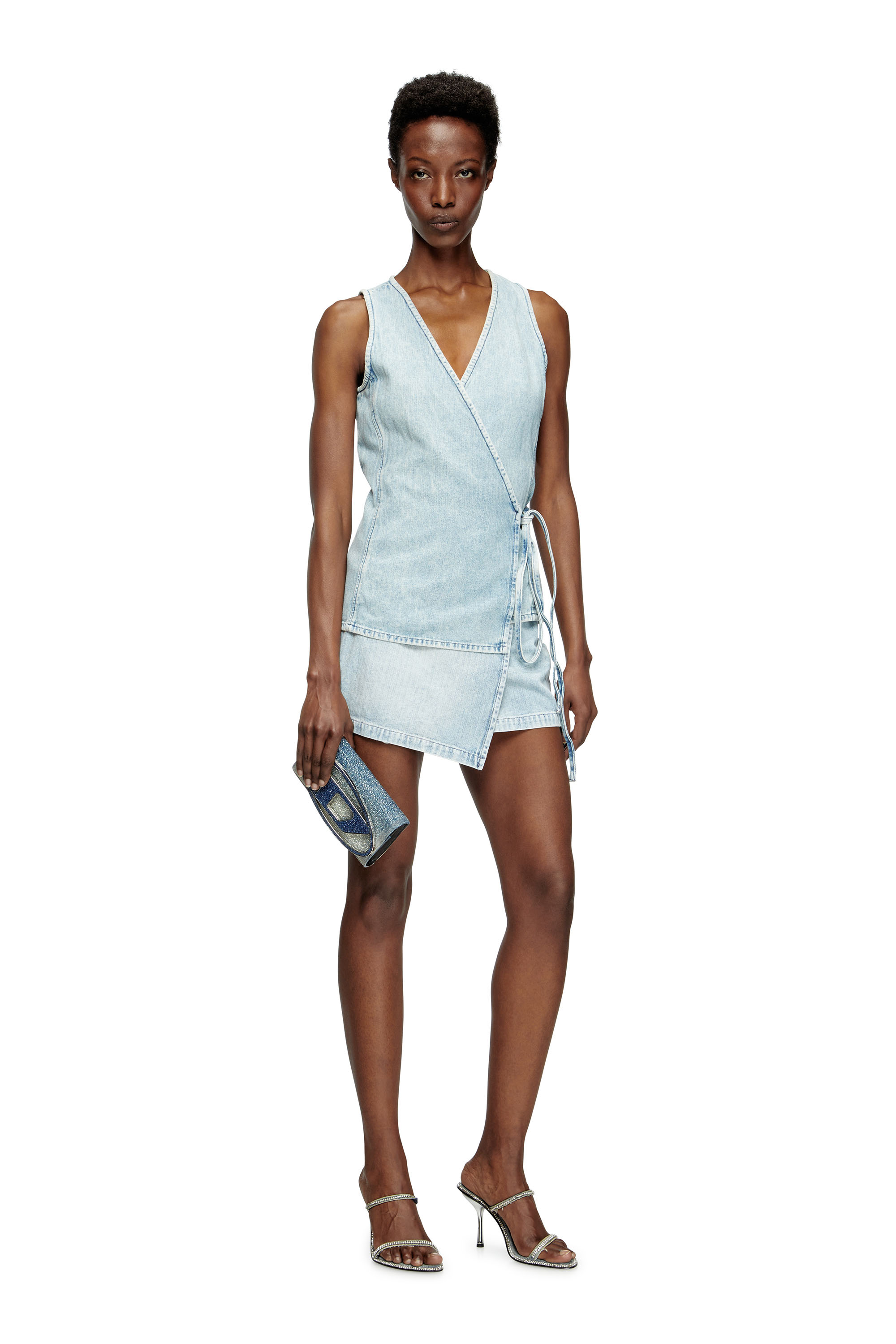 Diesel - DE-LEM-MINI, Woman's Short wrap skirt in herringbone denim in Light Blue - 1