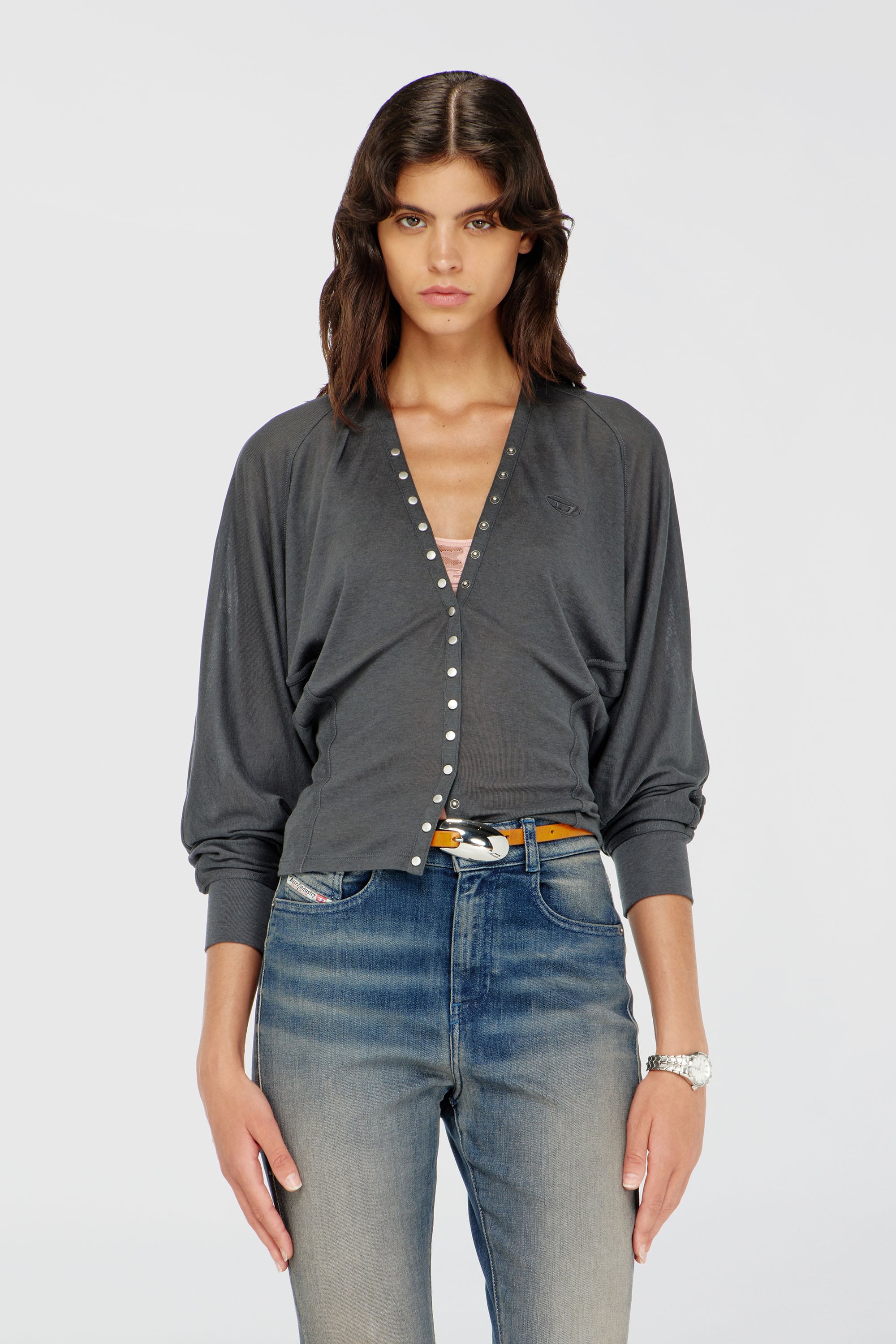 Diesel - T-ISERINA, Woman's Tencel-blend cardigan top with batwing sleeves in Grey - 1