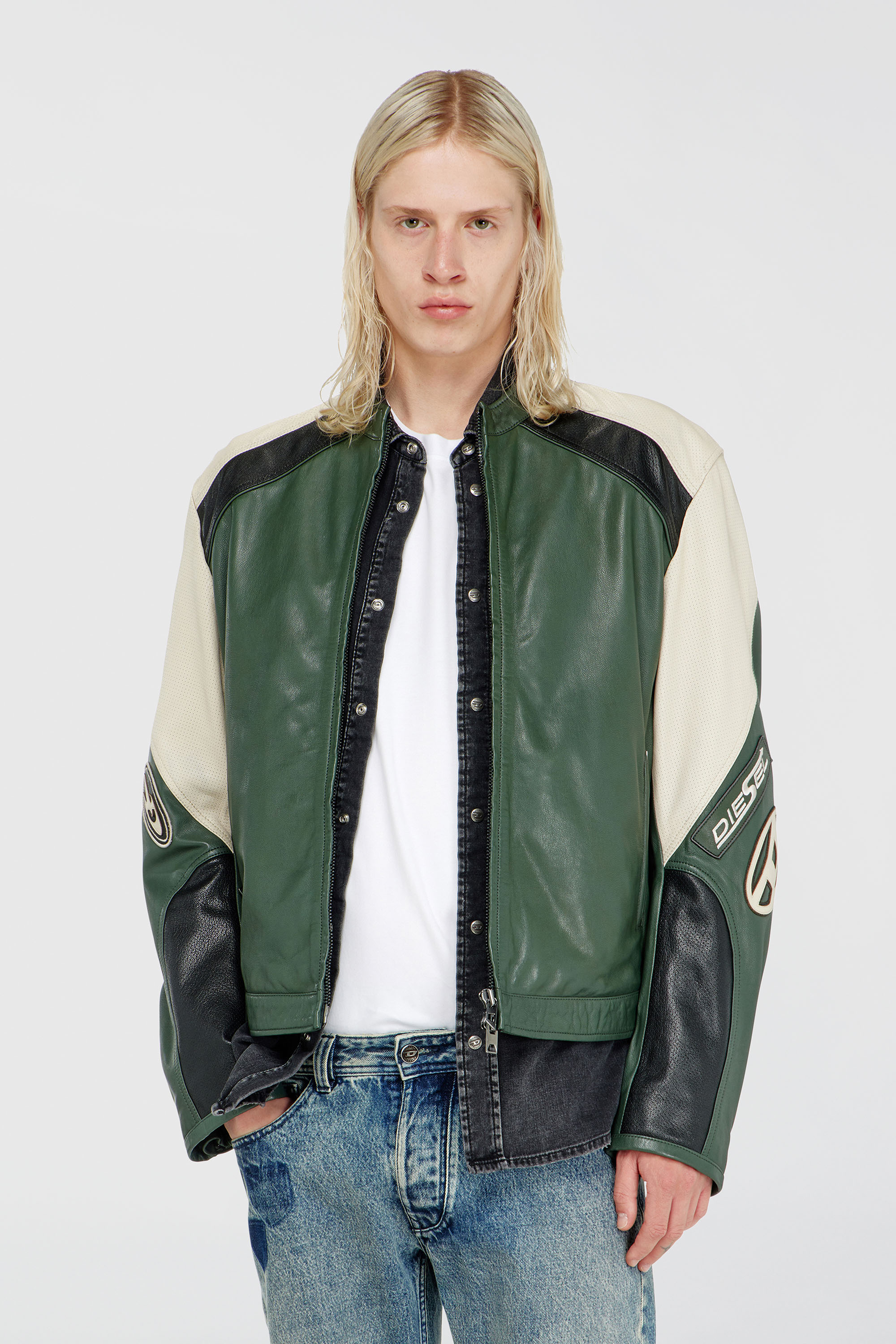 Diesel - L-AHTI, Man's Biker jacket in colour-block perforated leather in Beige/Black - 3
