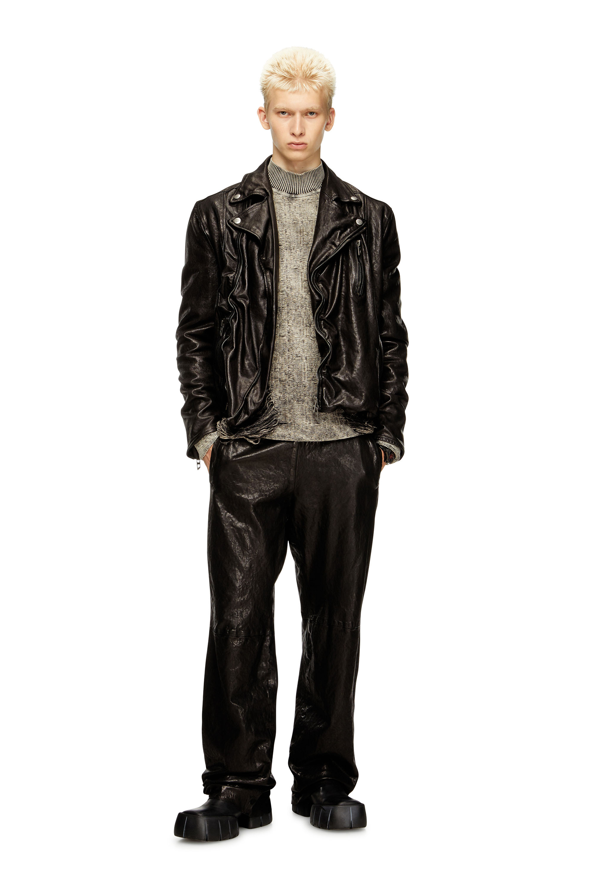 Diesel - L-UNCAN, Man's Biker jacket in boiled leather in Black - 1