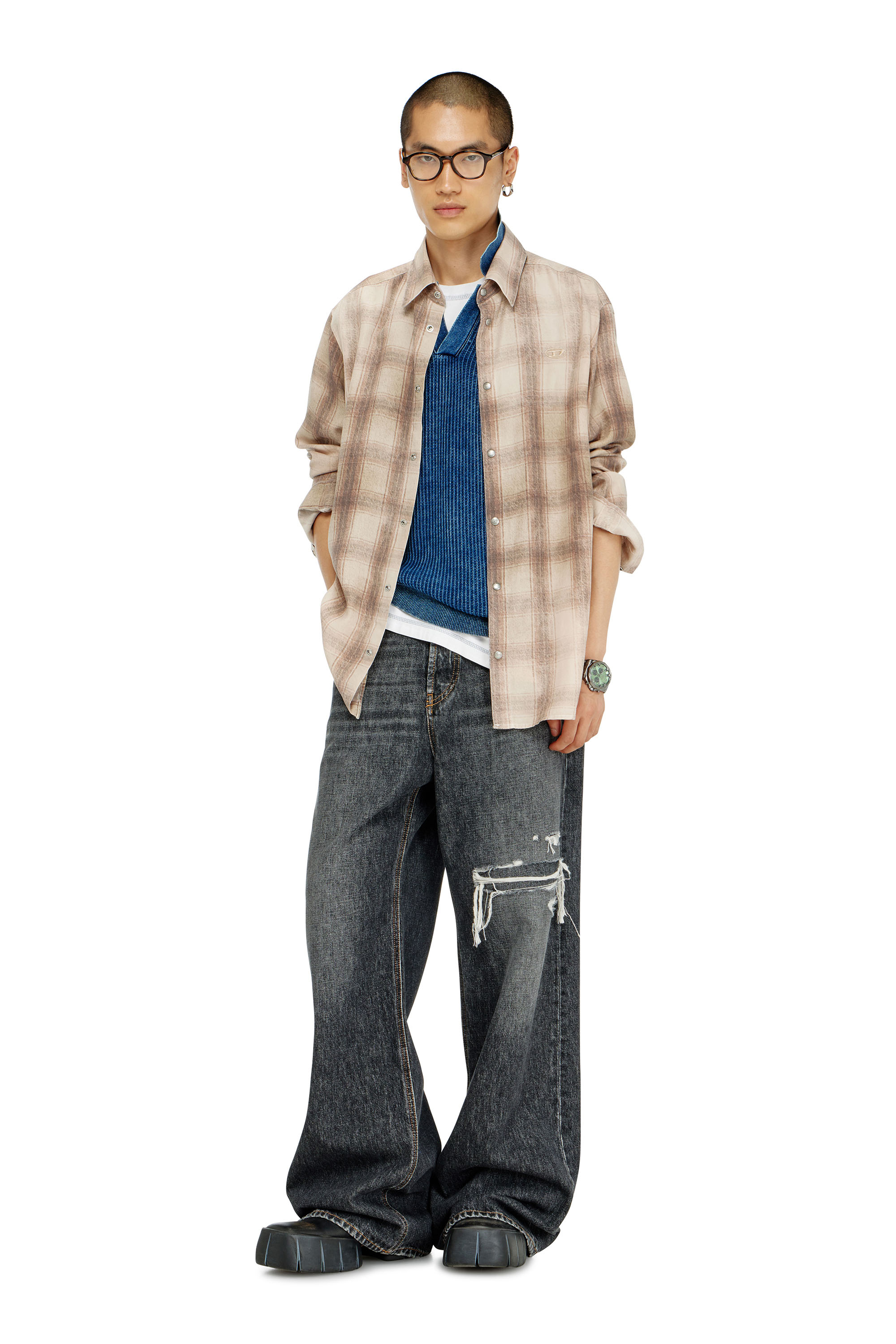 Diesel - S-SIMPLY-JMCM, Man's Check shirt in fluid fabric in Light Brown - 2