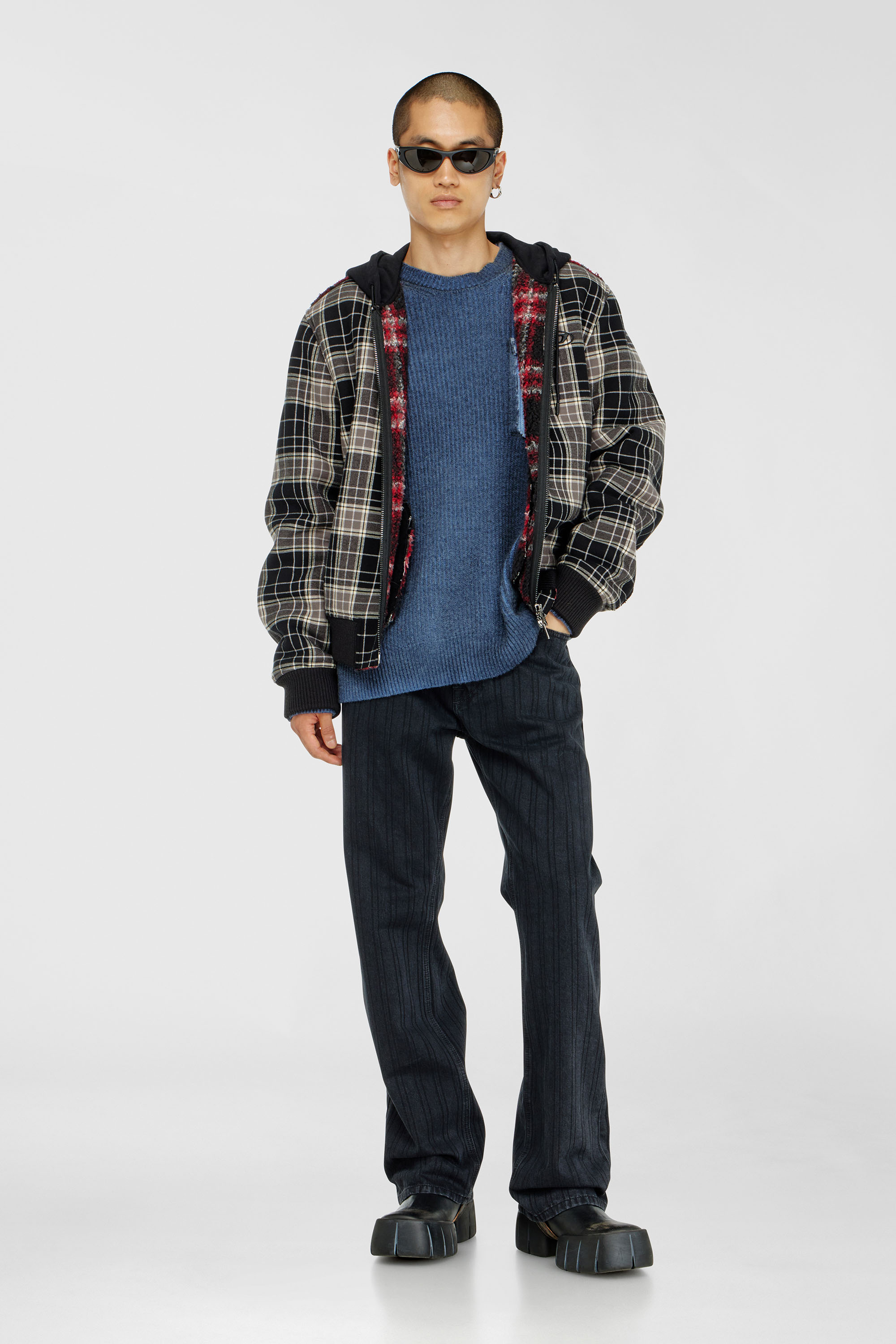 Check-flannel bomber jacket with teddy interior