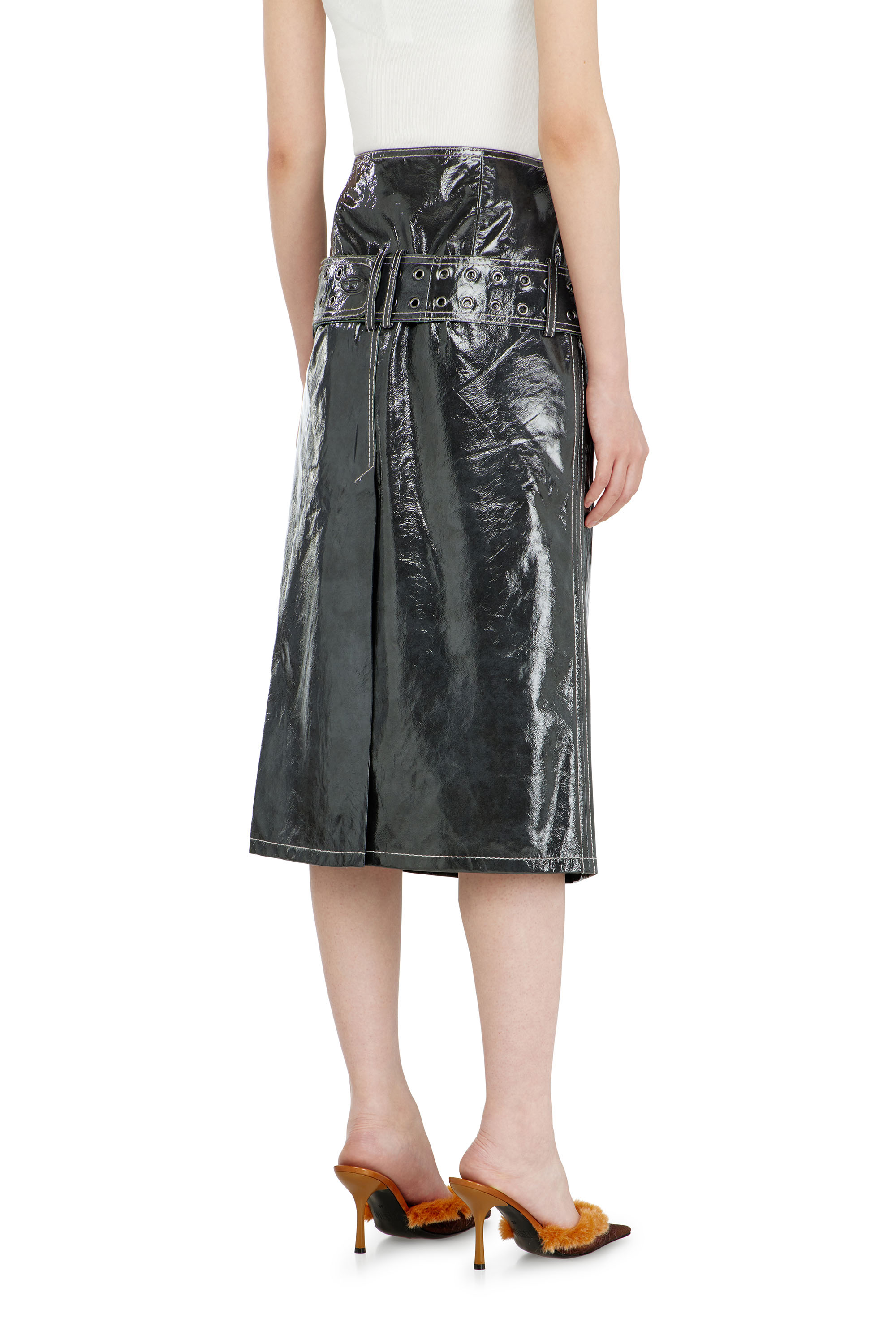 Diesel - L-ASCAR, Woman's Patent-leather midi skirt with belt in Dark grey - 3