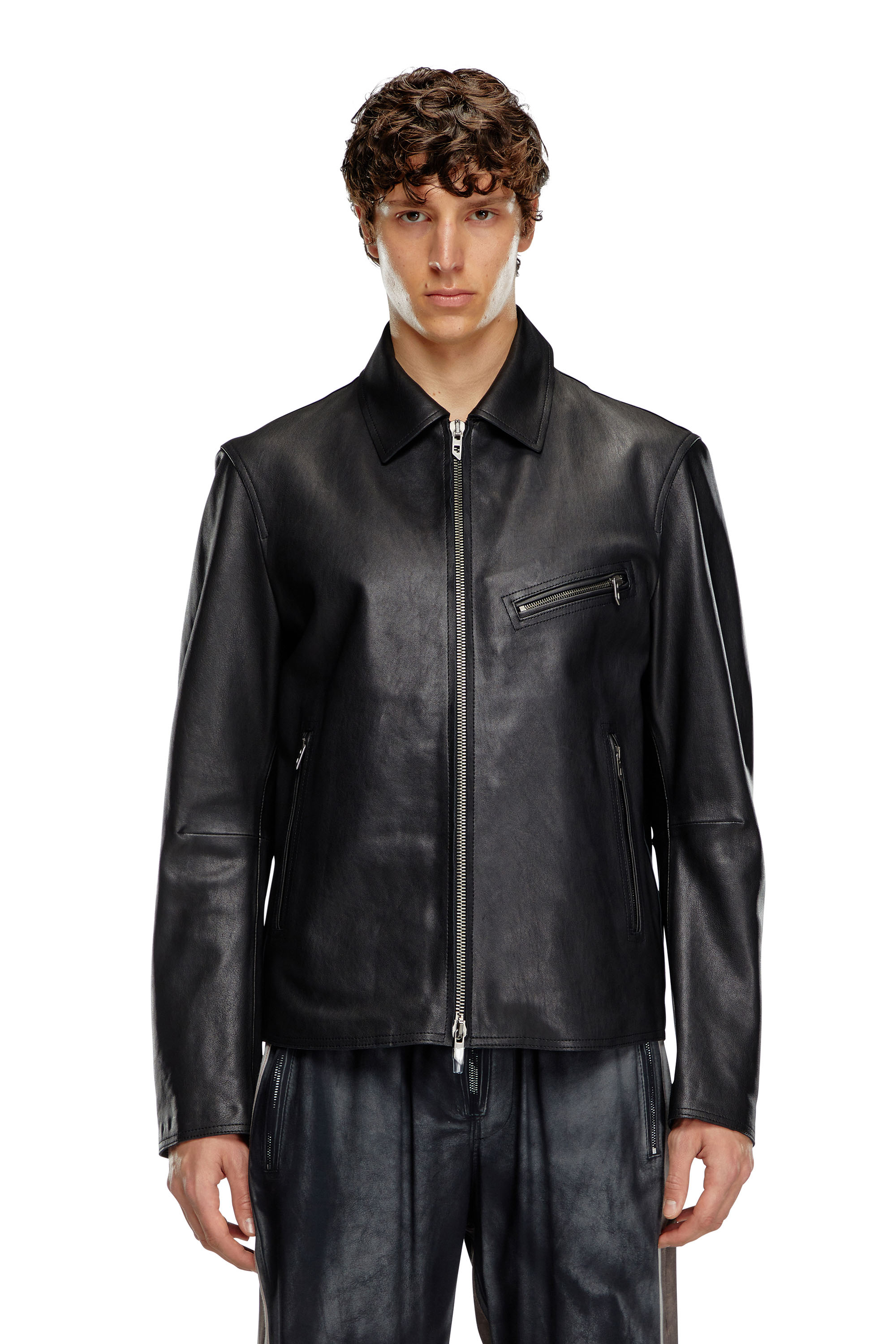 Diesel - L-KORN-A, Man's Leather jacket with embossed Oval D in Black - 3