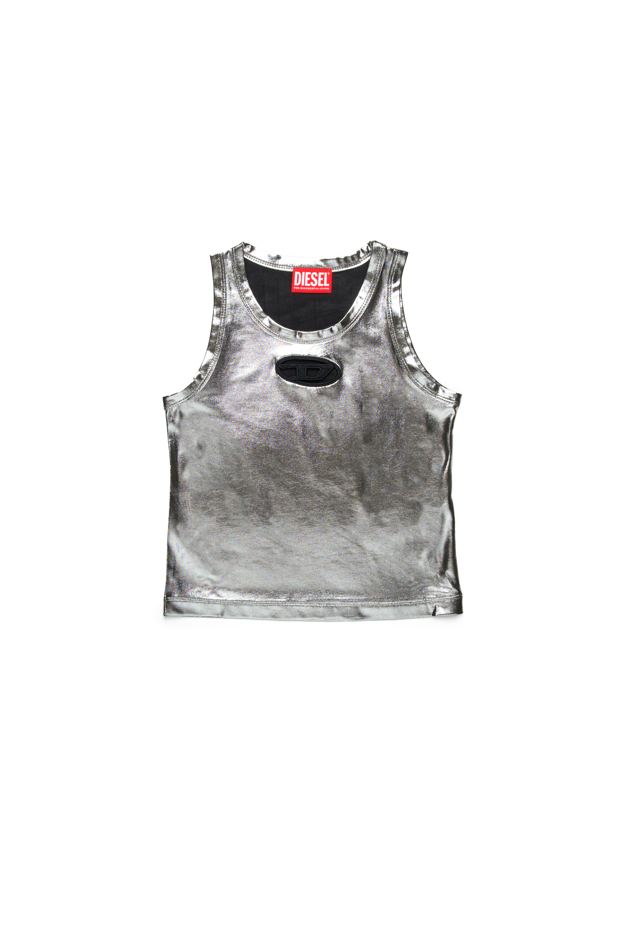 Diesel - TLYNYS, Woman's Metallic tank top with cut-out logo in Silver/Black - 1