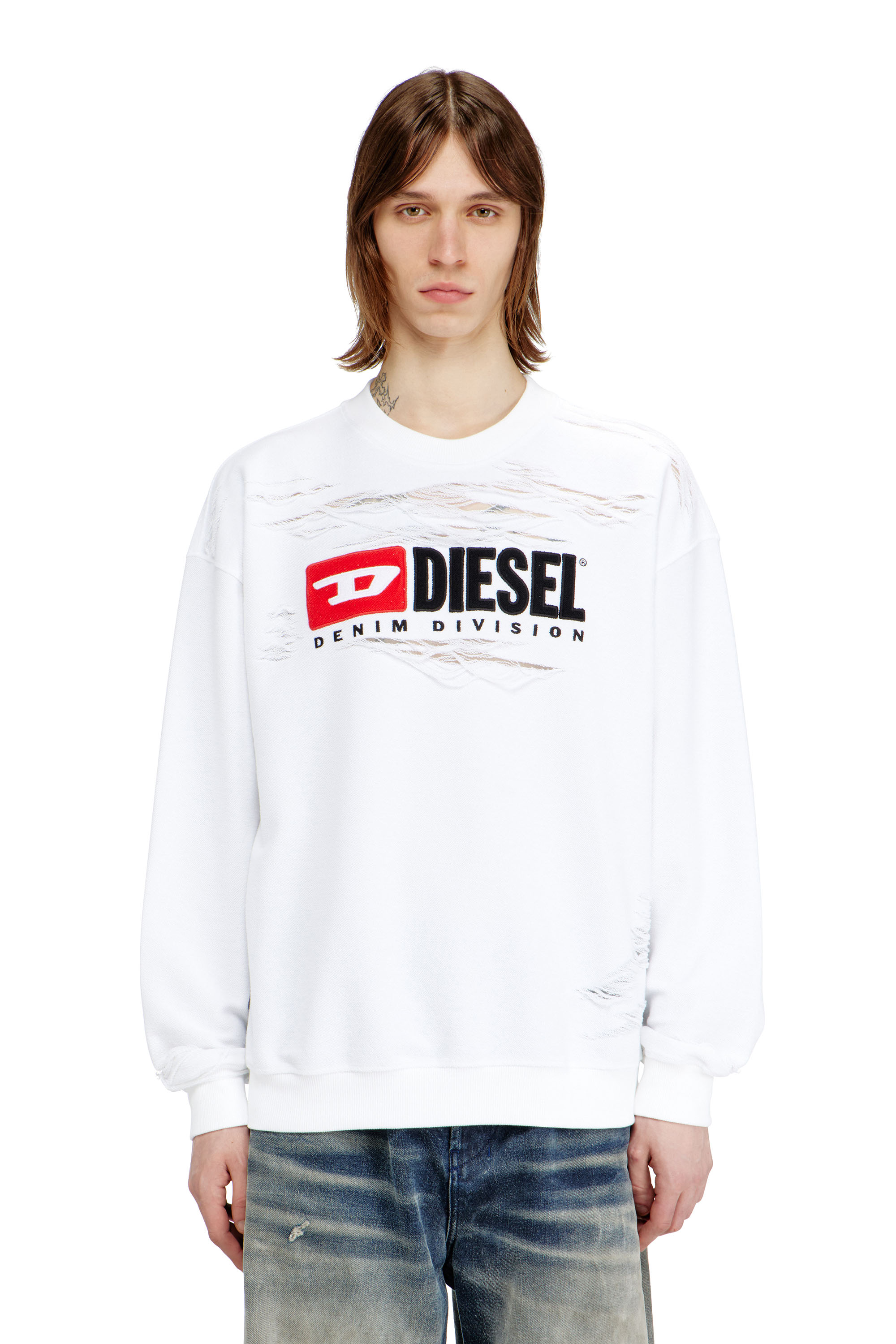 Diesel - S-BOXT-V1, Man's Sweatshirt with devor&egrave;e floating threads in White - 3
