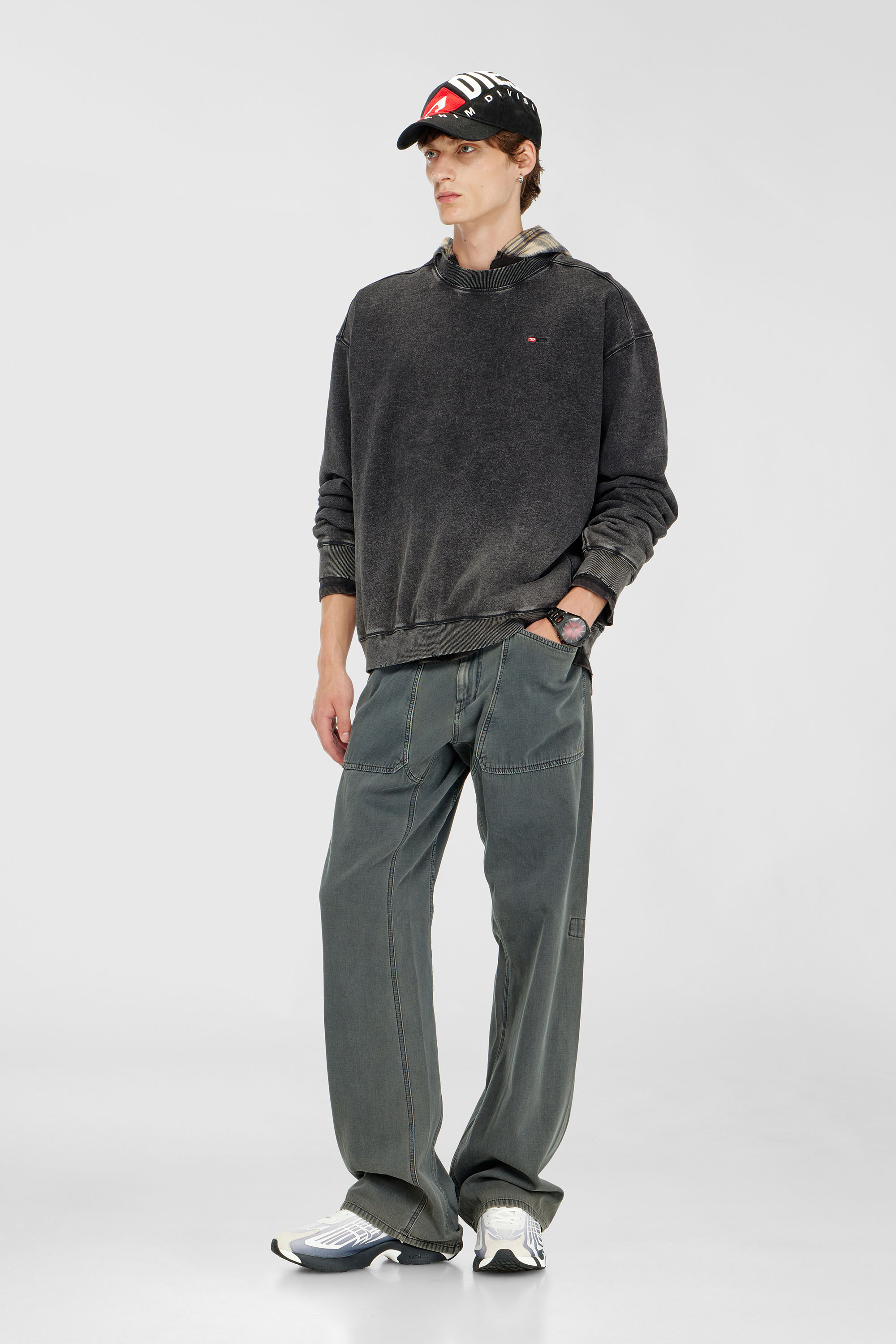 Diesel - S-CROX, Man's Cotton sweatshirt with faded effect in Dark grey - 1