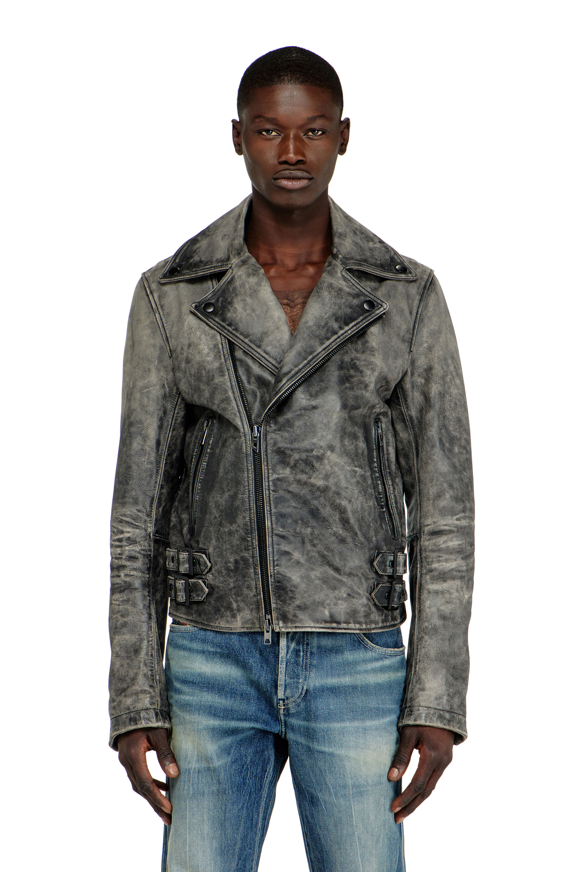 Diesel - L-EON-CJCM, Man's Biker jacket in treated leather in Dark grey - 1
