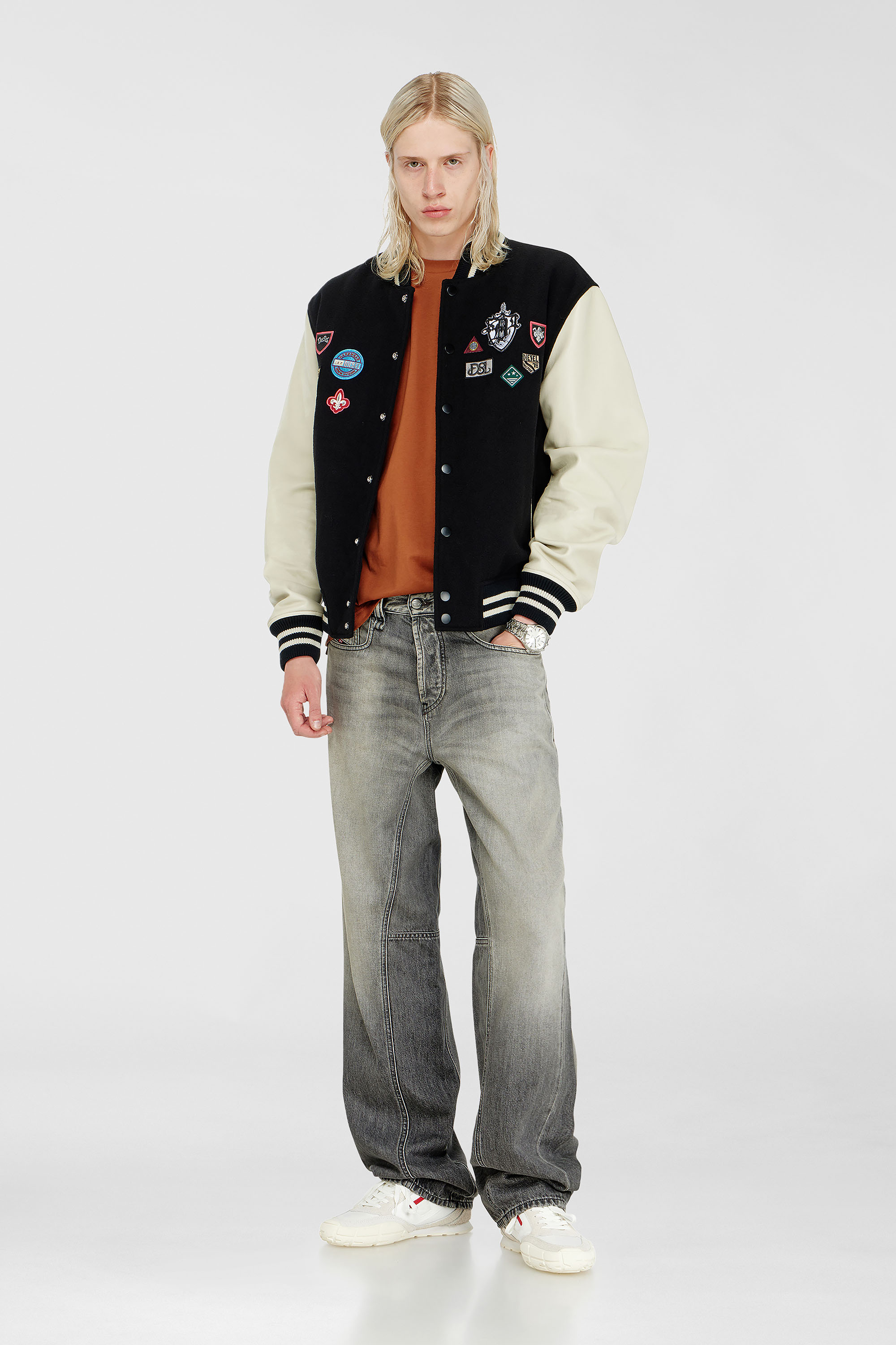Diesel - L-ARRY-PATCH, Man's Wool and leather bomber jacket with patches in White/Black - 1