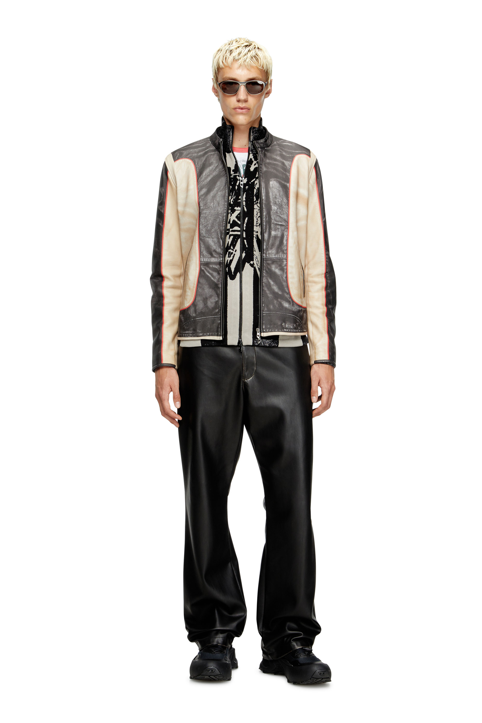 Diesel - L-EVERT, Man's Trompe l'oeil-effect leather biker jacket in Beige/Black - 1