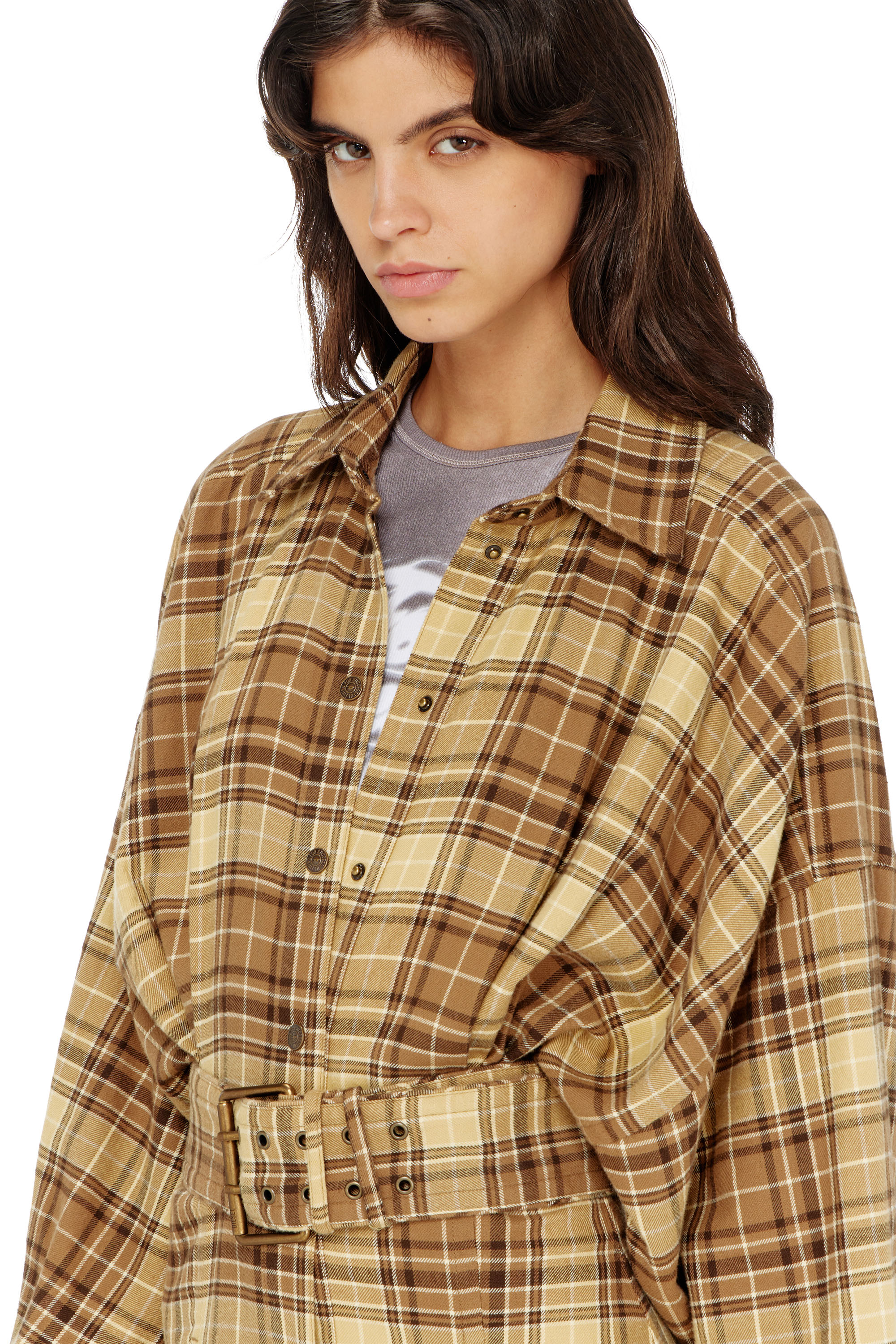 Diesel - D-EDALUS, Woman's Midi dress in check flannel with wide belt in Brown/Yellow - 4