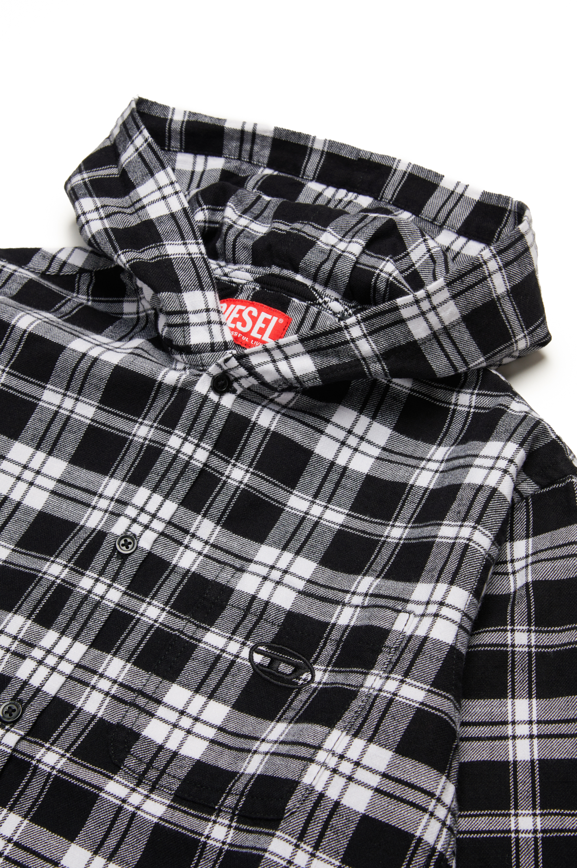 Diesel - CSDEWNYHOOD OVER, Man's Hooded shirt in check flannel in Black/White - 3