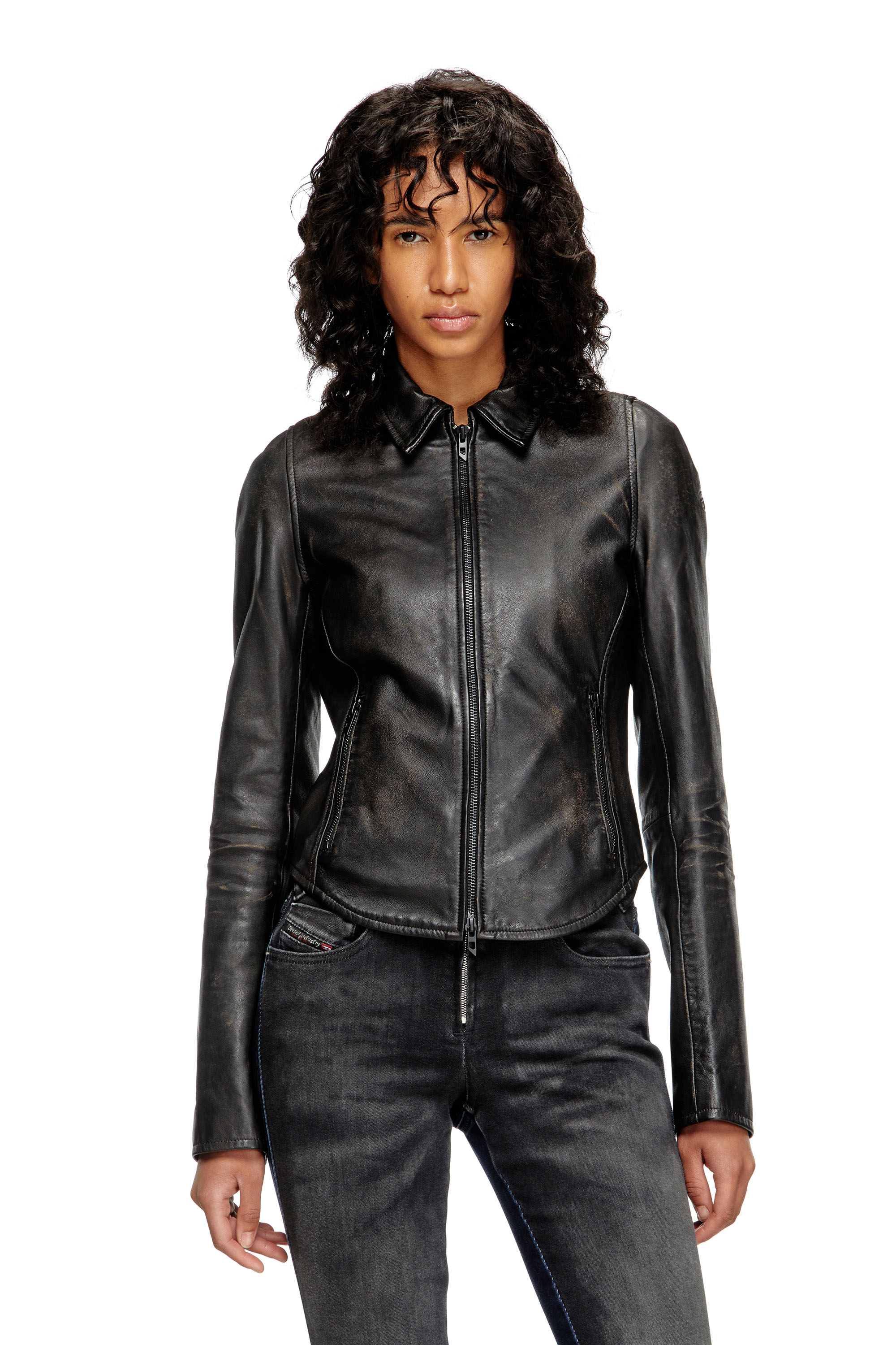 Diesel - L-EGRAD, Woman's Distressed leather jacket in Black - 1