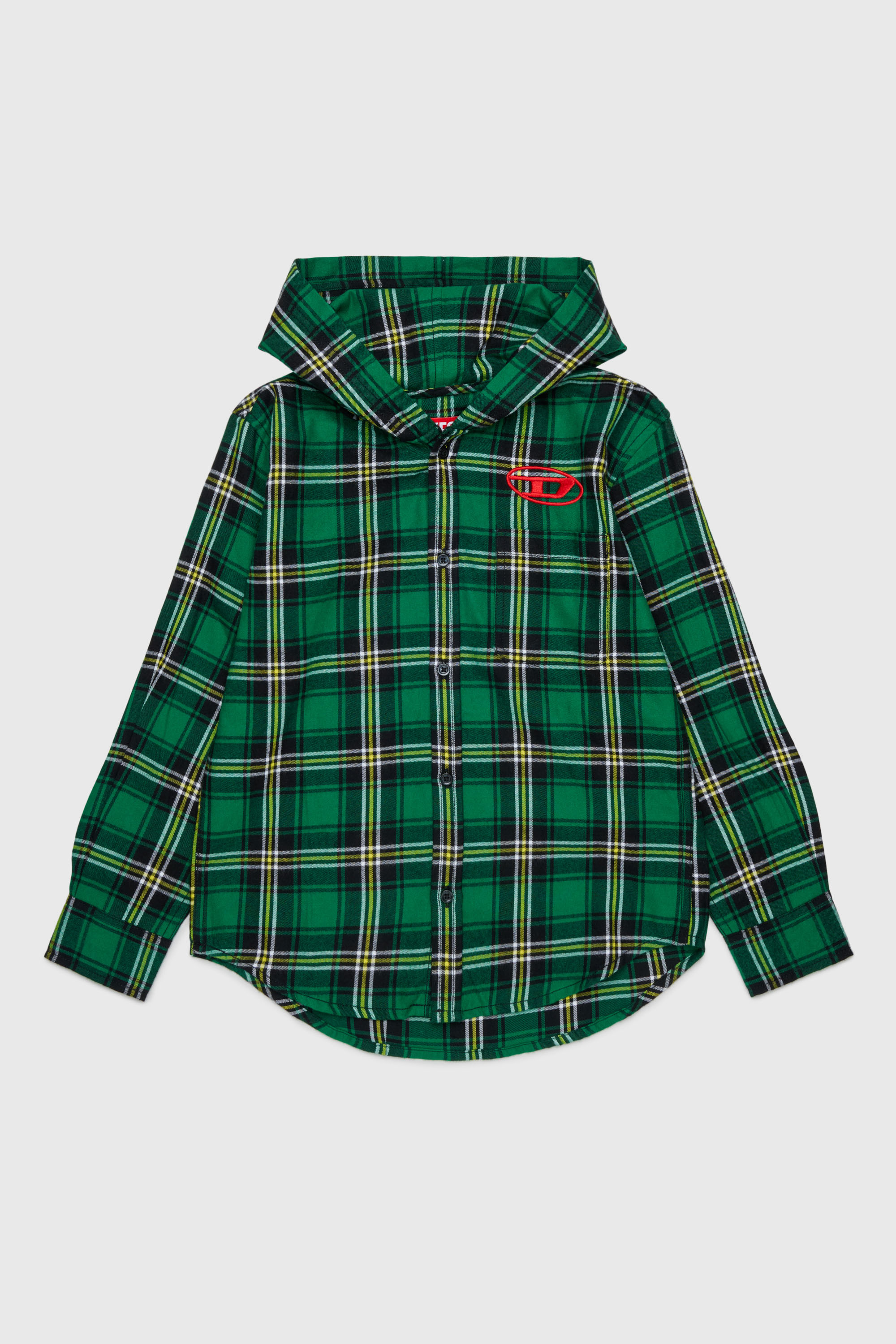 Diesel - CHECK OVER, Man's Hooded check shirt with Oval D embroidery in Green - 1