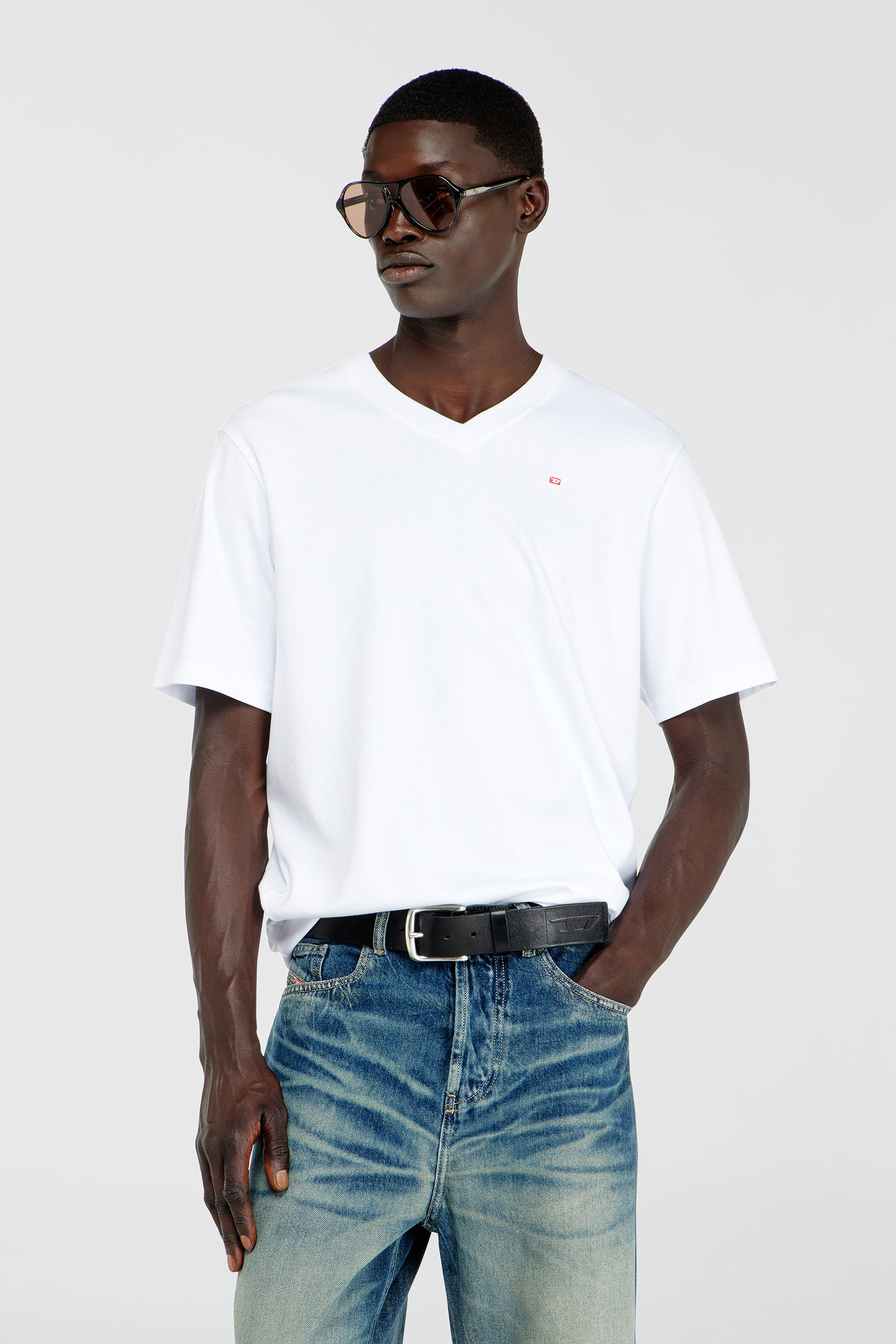 Diesel - T-ADJUST-V-MICRODIV, Man's V-neck T-shirt with micro logo embroidery in White - 3
