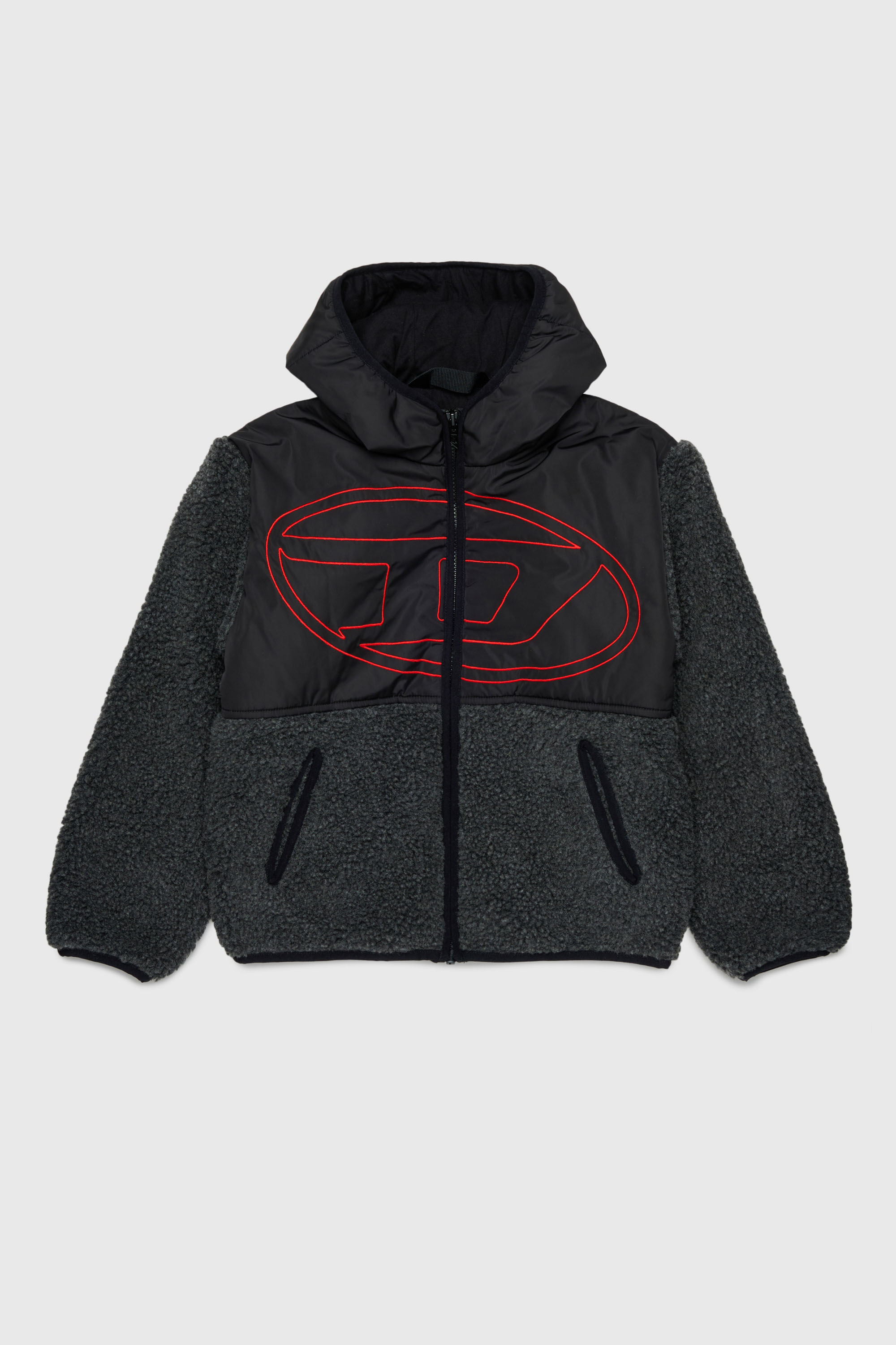 Diesel - JSHEAR, Man's Hooded jacket in nylon and teddy fleece in Black - 1