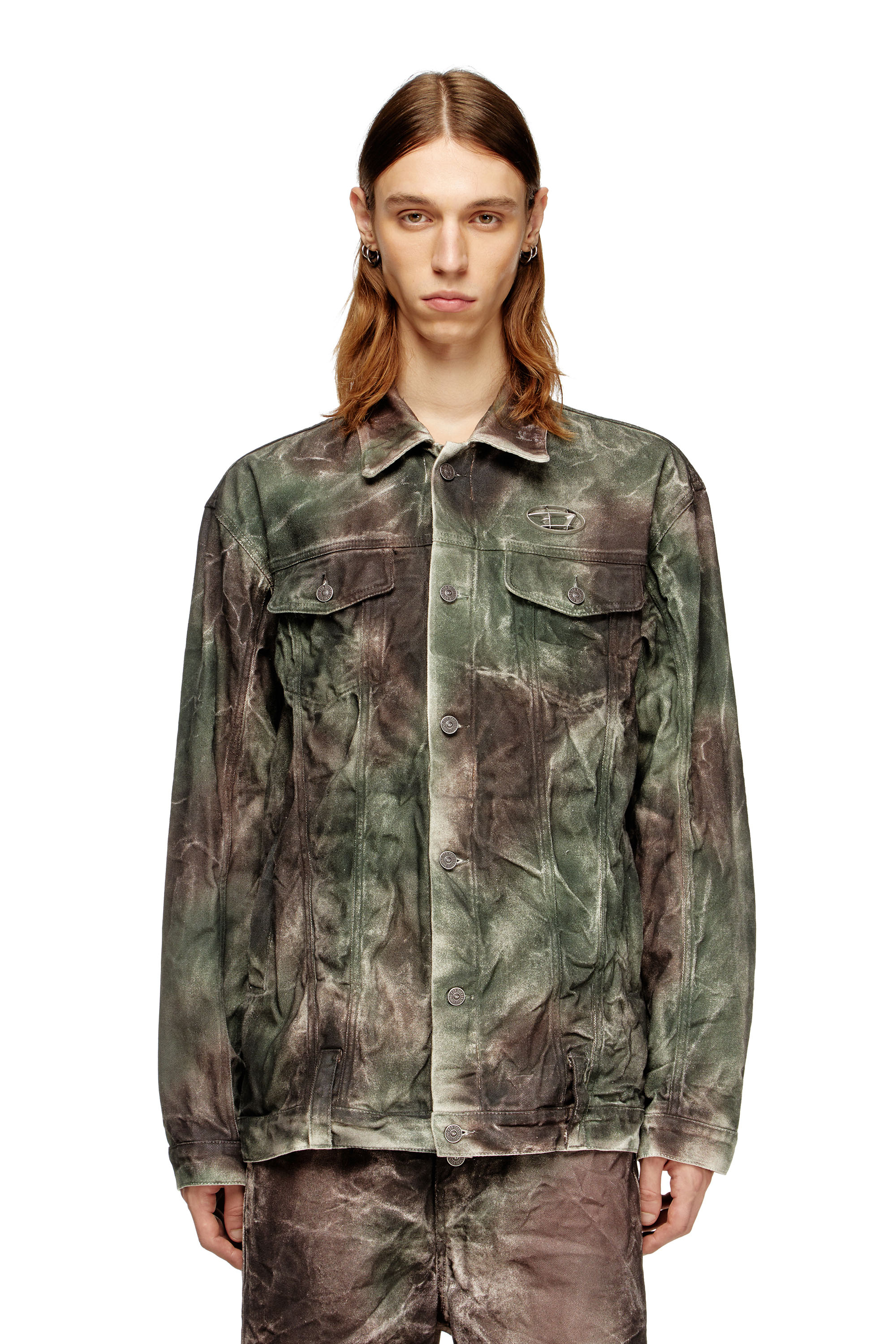 Diesel - J-THUG-JKT, Unisex's Trucker jacket in crinkled camo canvas in Brown/Green - 2