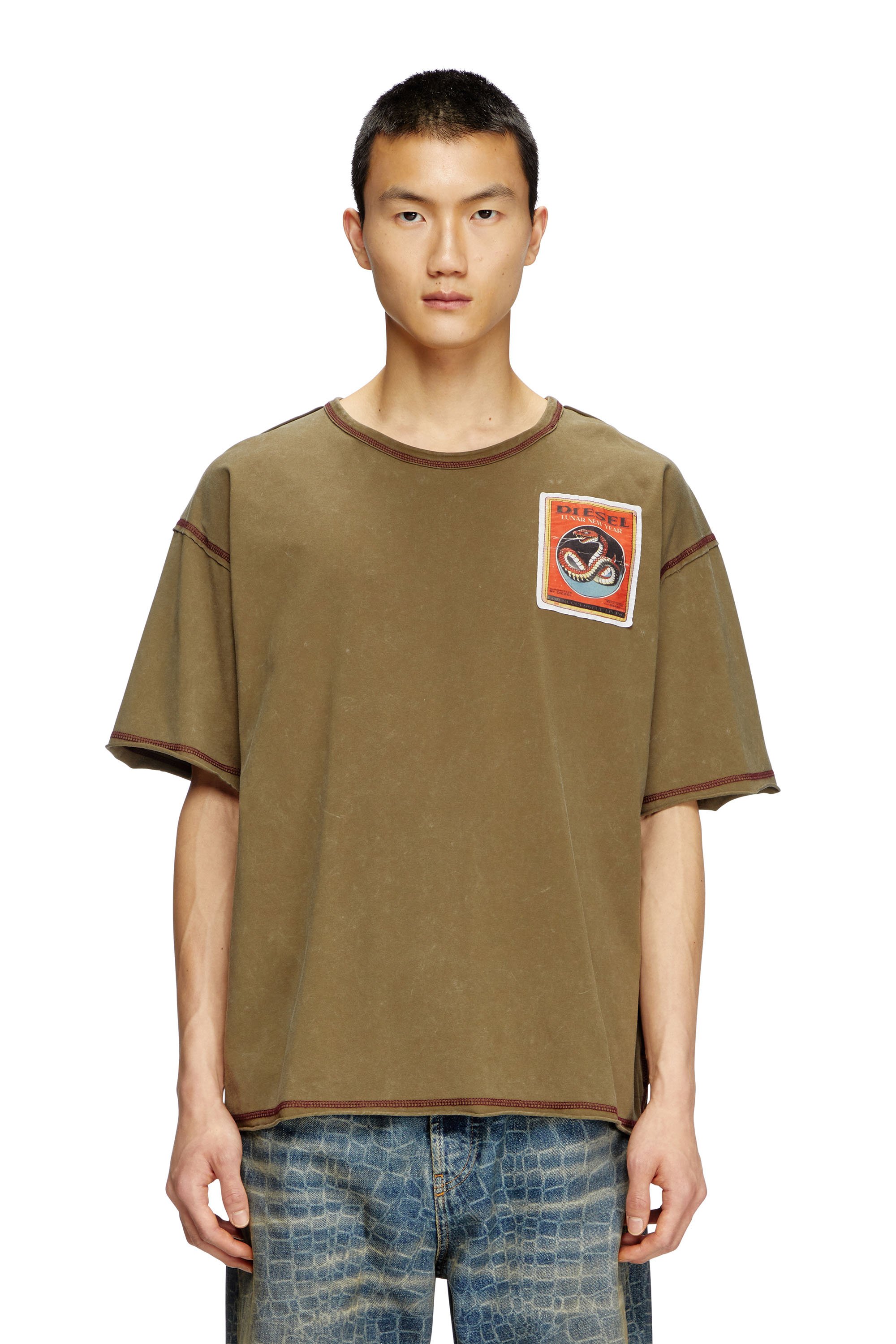 Diesel - CL-T-BOXT-SNAKE, Unisex's Treated T-shirt with snake patches in Olive Green - 2