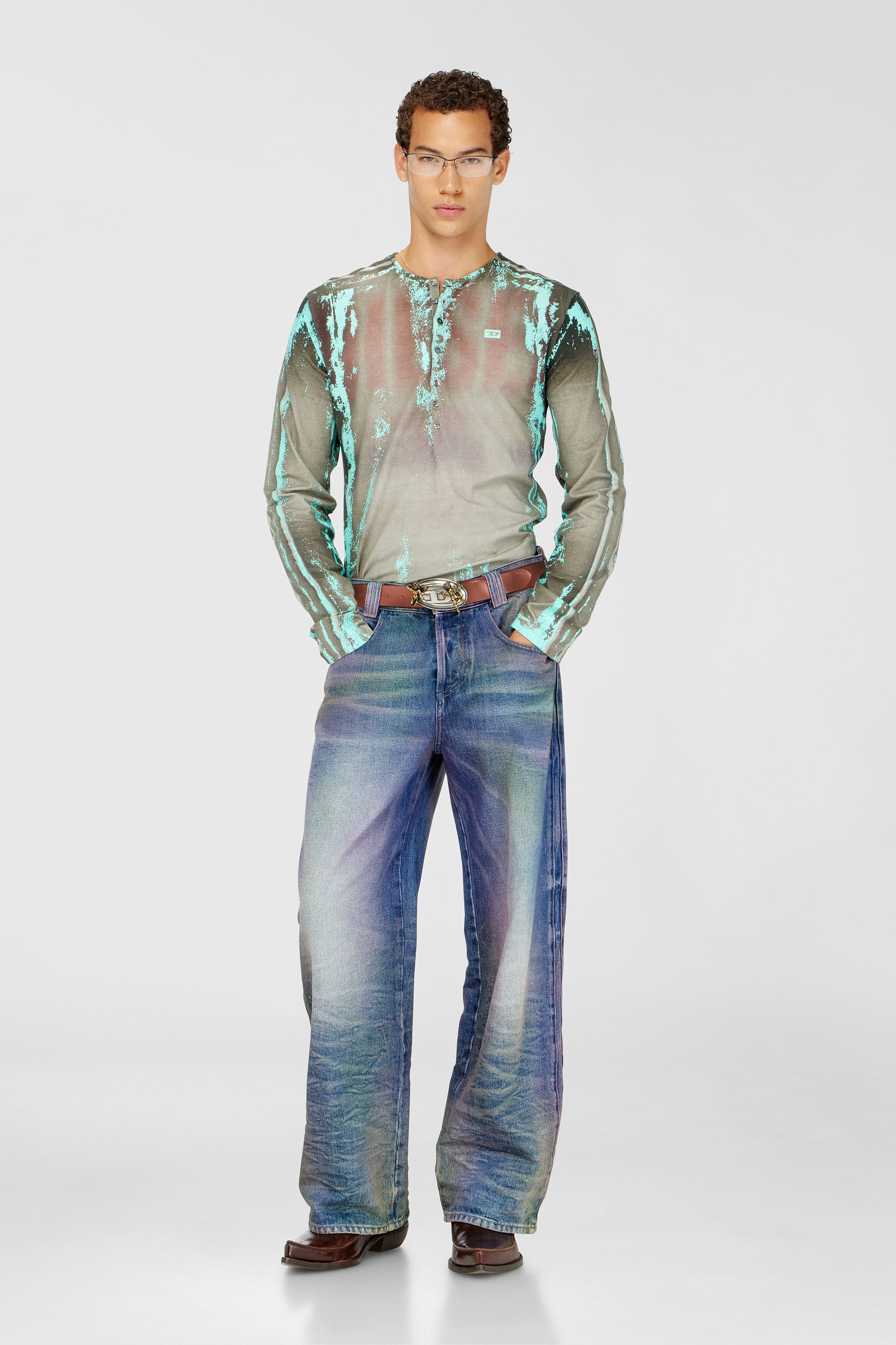Diesel - T-FYNO-ML, Man's Grandad T-shirt in cracked leather-effect jersey in Grey/Blue - 1