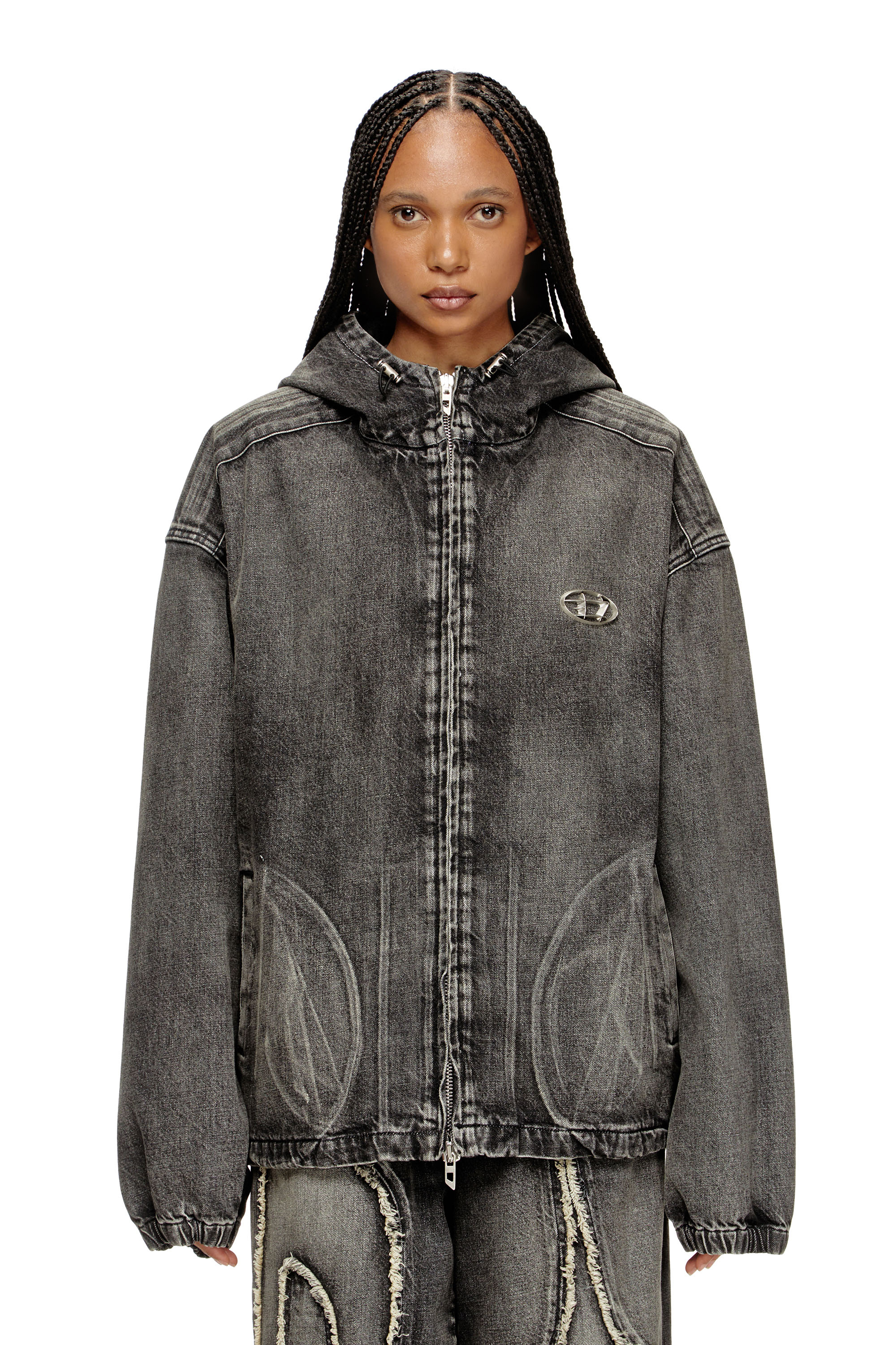 Diesel - THUGJACK, Unisex's Hooded jacket in faded denim in Black - 1