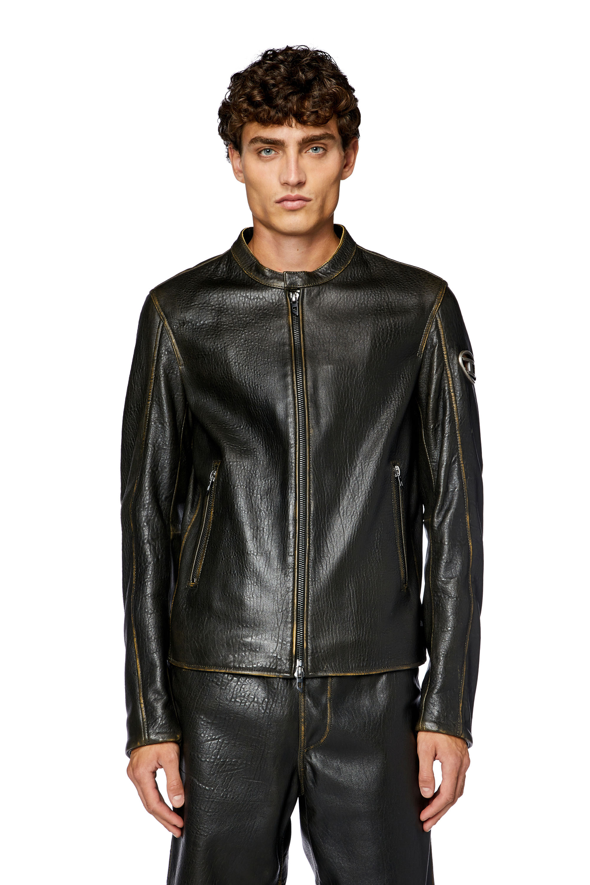 Diesel - L-COBBE, Man Biker jacket in wrinkled leather in Brown - Image 6