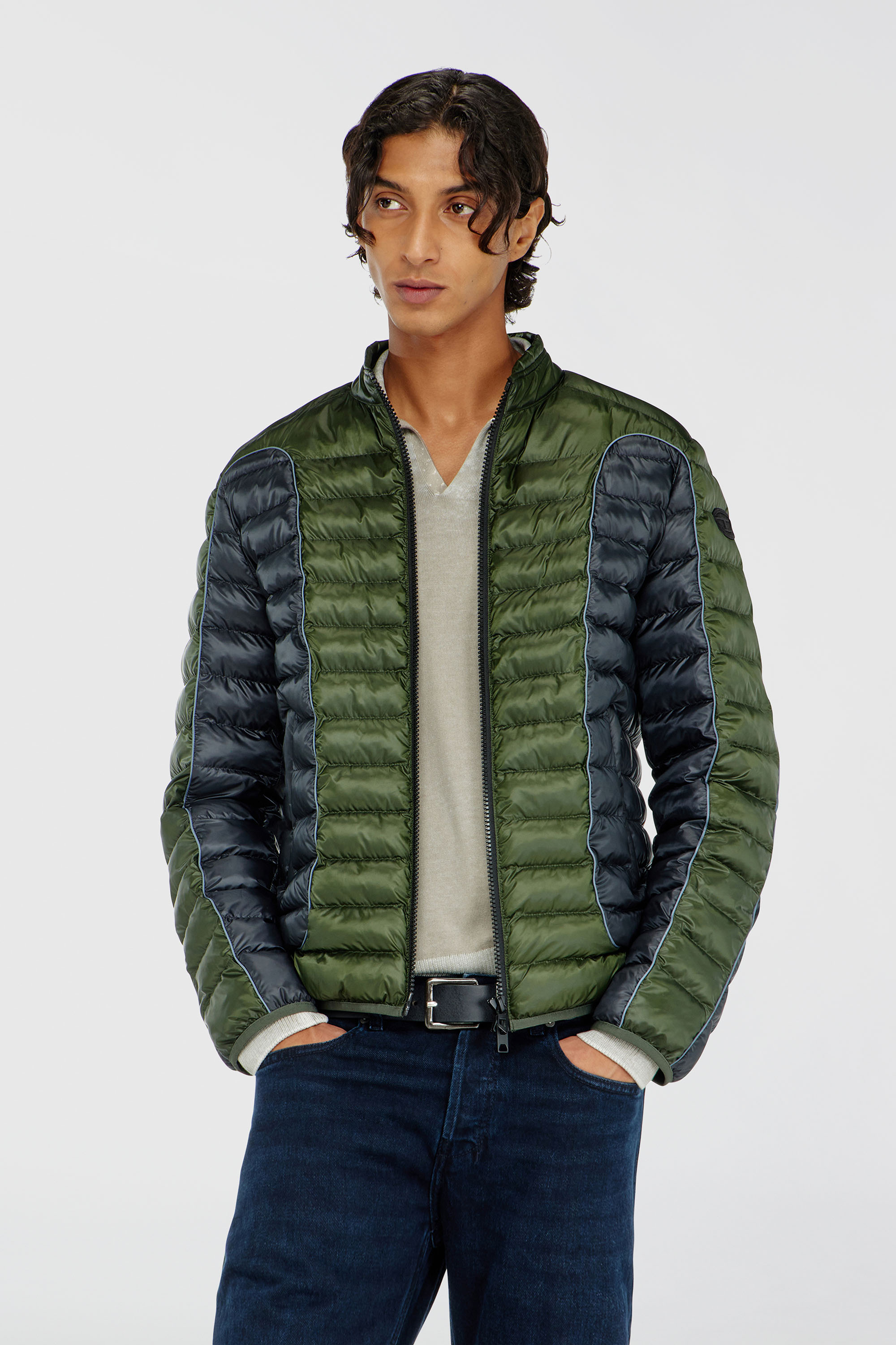 Diesel - W-PILOT-BLOCK, Man's Biker-style puffer jacket with colour-block design in Grey/Green - 3