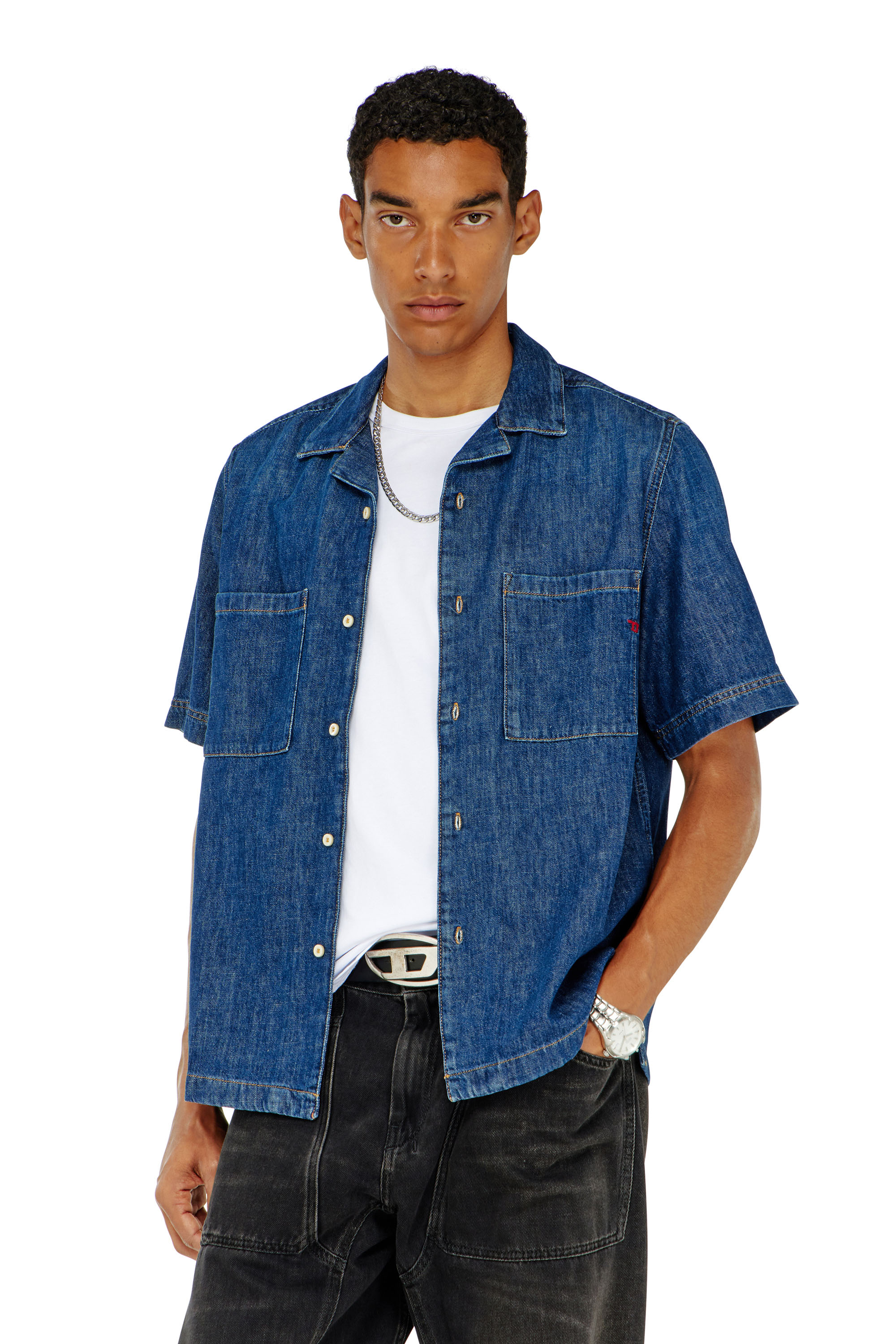 Diesel - D-PAROSHORT, Man's Bowling shirt in denim in Dark Blue - 1