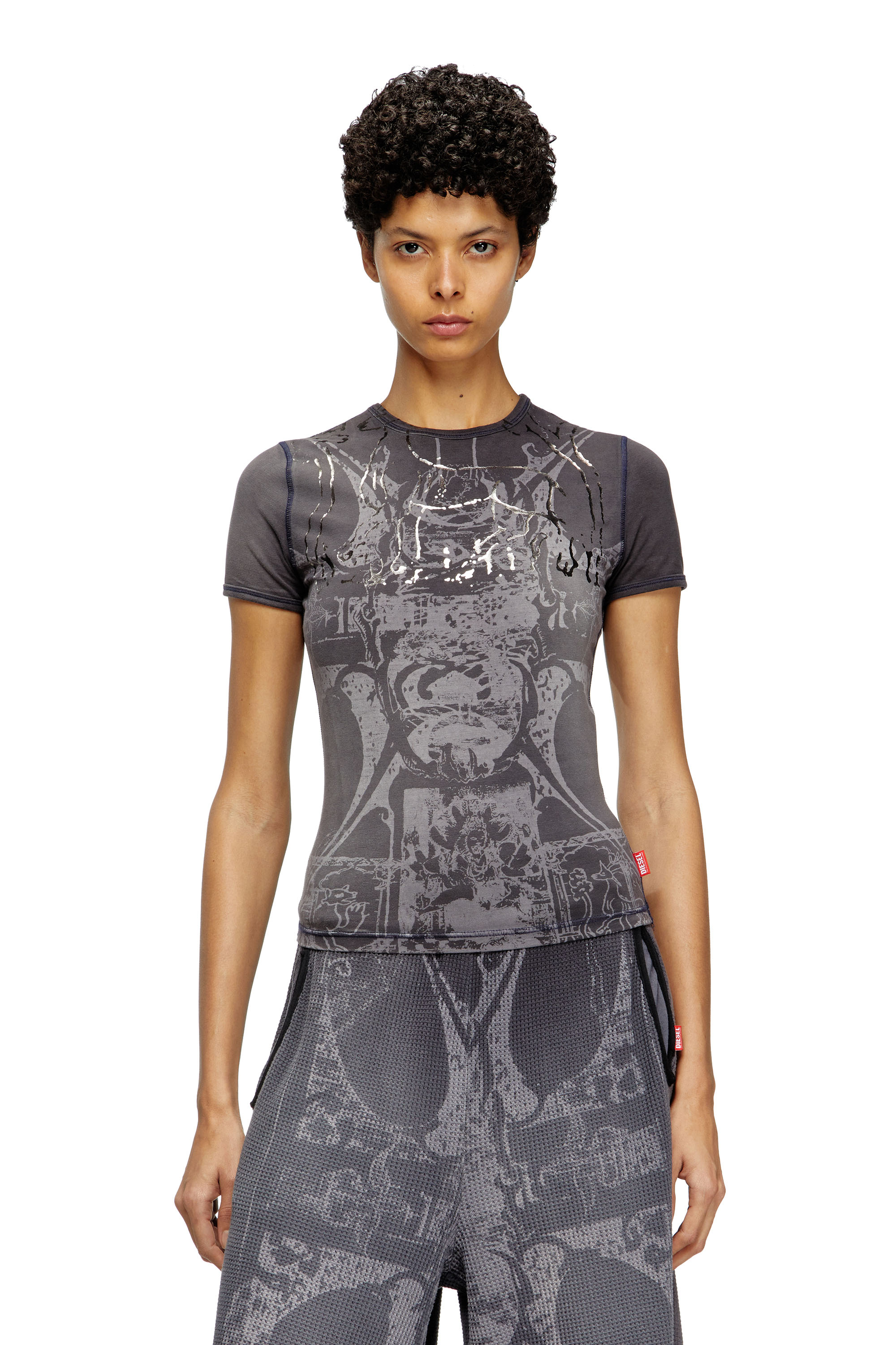 Diesel - T-UNCUTIES-LONG-R6, Woman's T-shirt with foil print in Black - 3