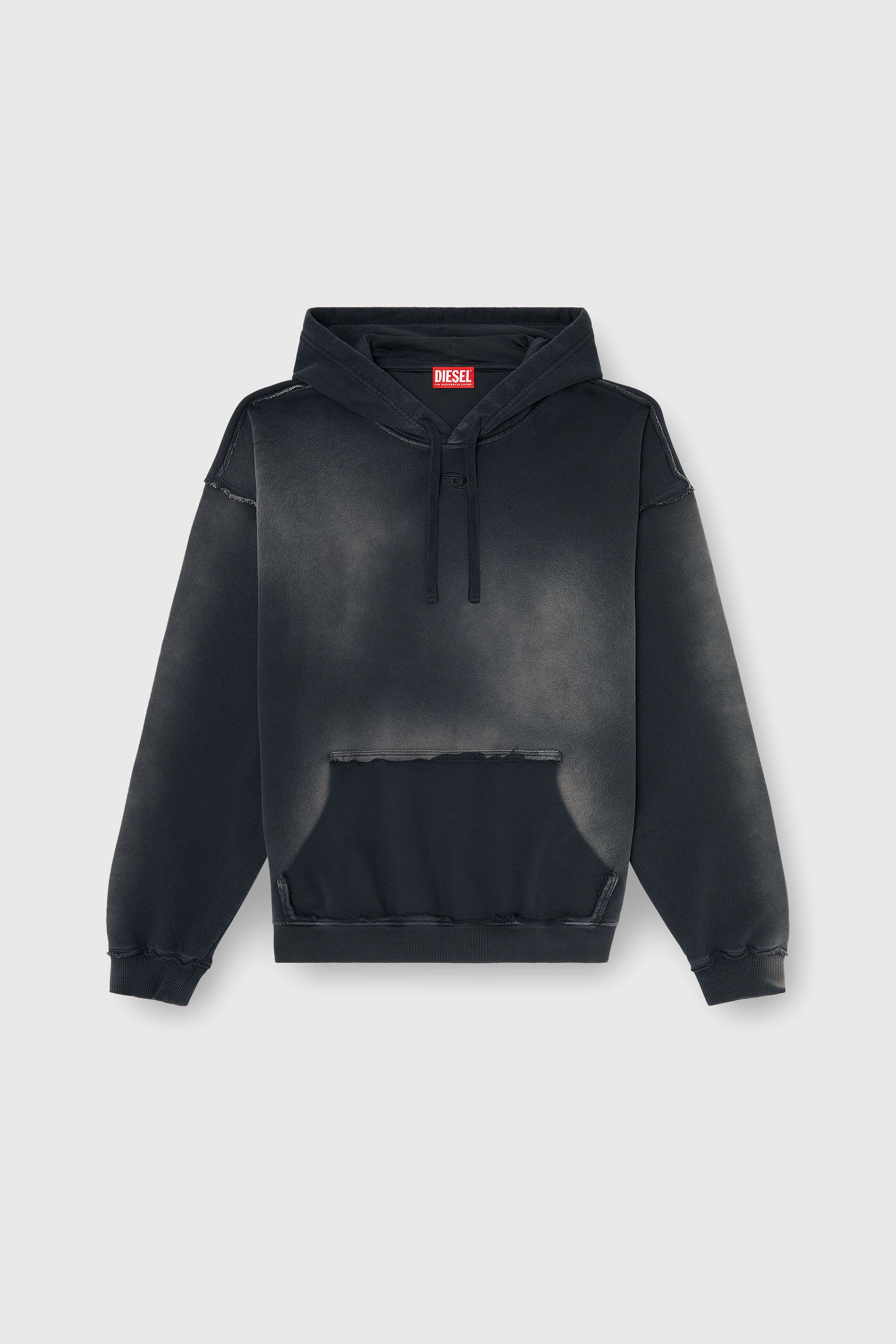 Diesel - S-POCK-HOOD, Man's Faded cotton hoodie with frayed details in Black/Grey - 2