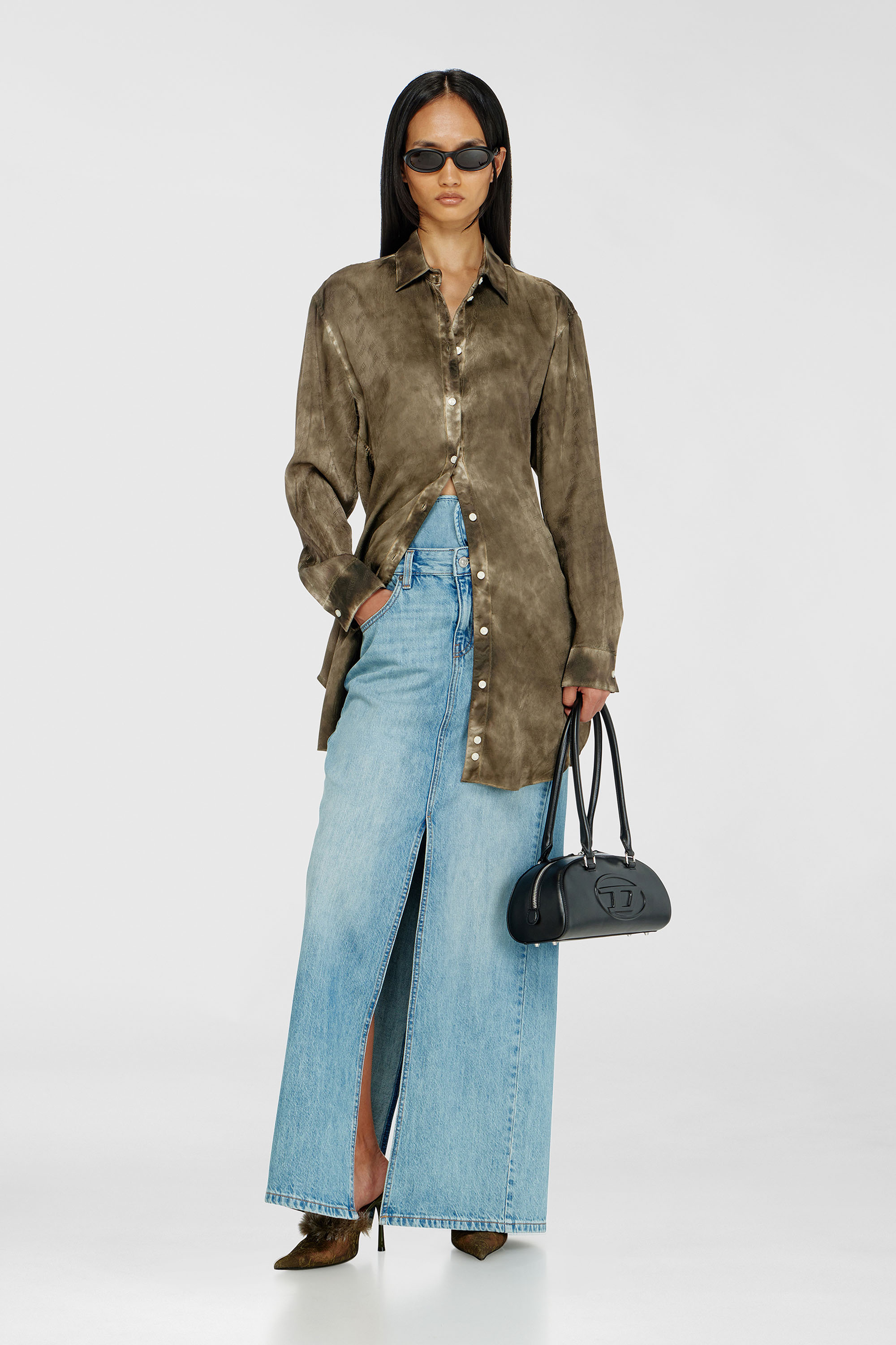 Diesel - C-LAVEL, Woman's Long shirt in logo-jacquard crinkled satin in Military Green - 1