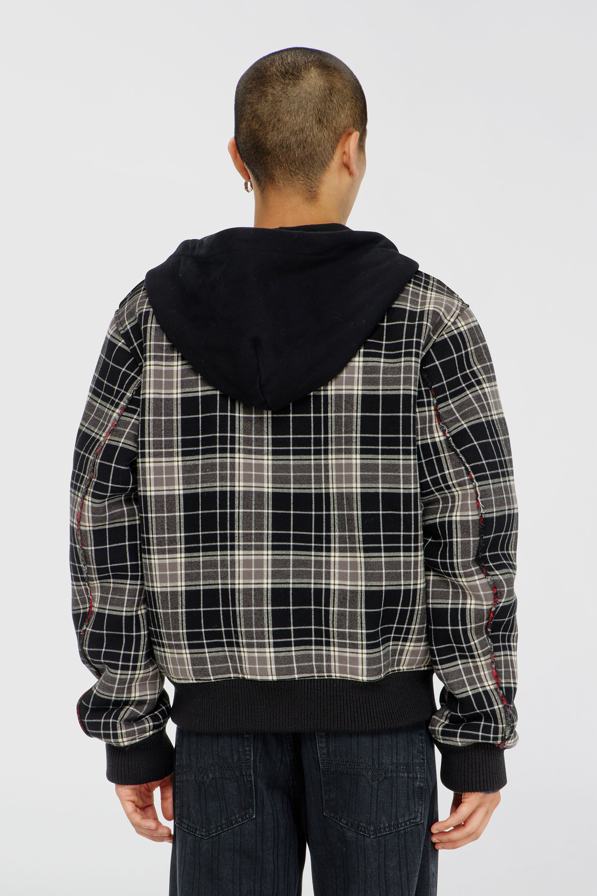 Diesel - W-KUNST, Man's Check-flannel bomber jacket with teddy interior in Grey/Black - 4