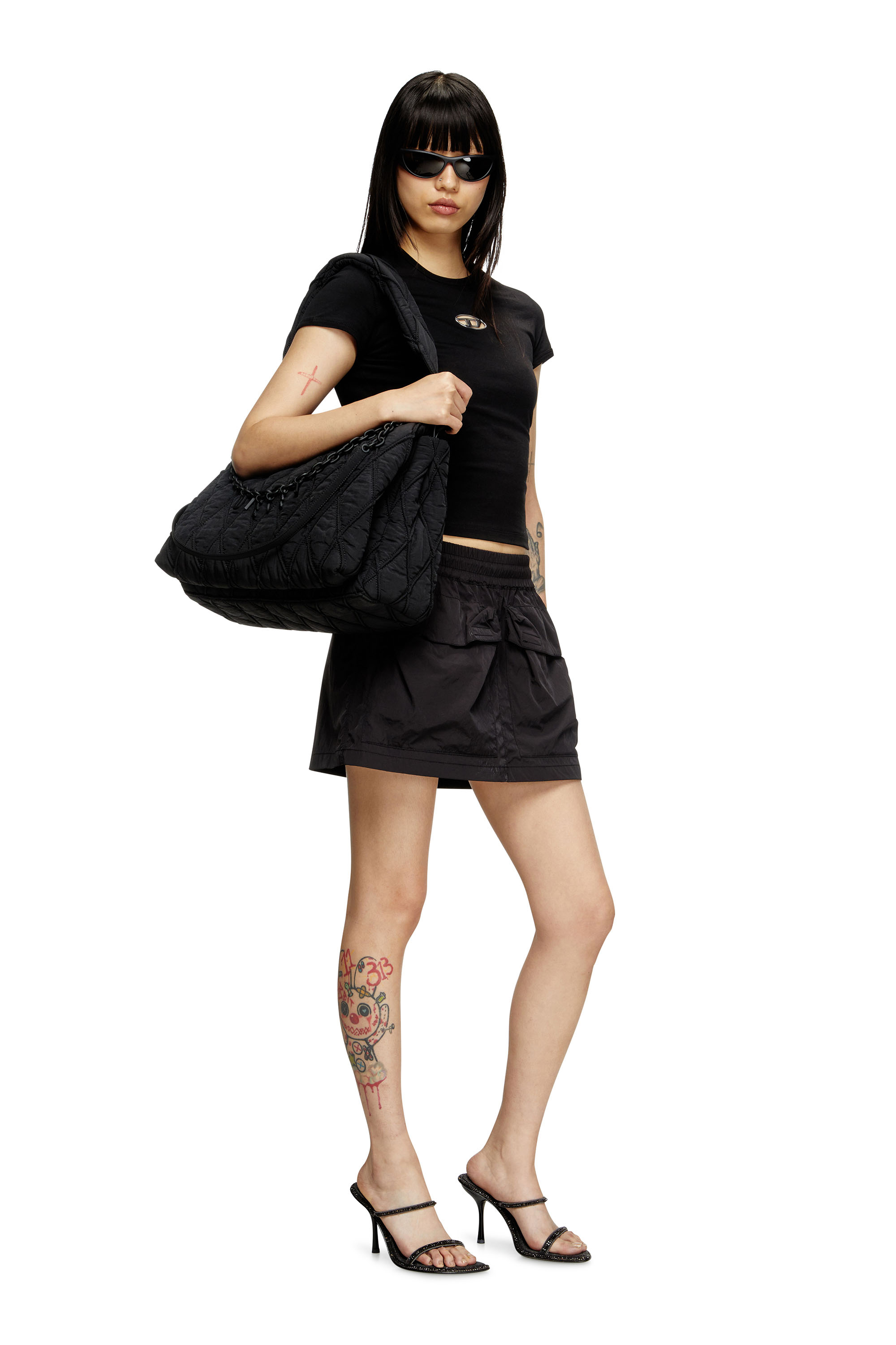 Diesel - CHARM-D SHOULDER L, Woman's Charm-D L-Shoulder bag in quilted washed nylon in Black - 6