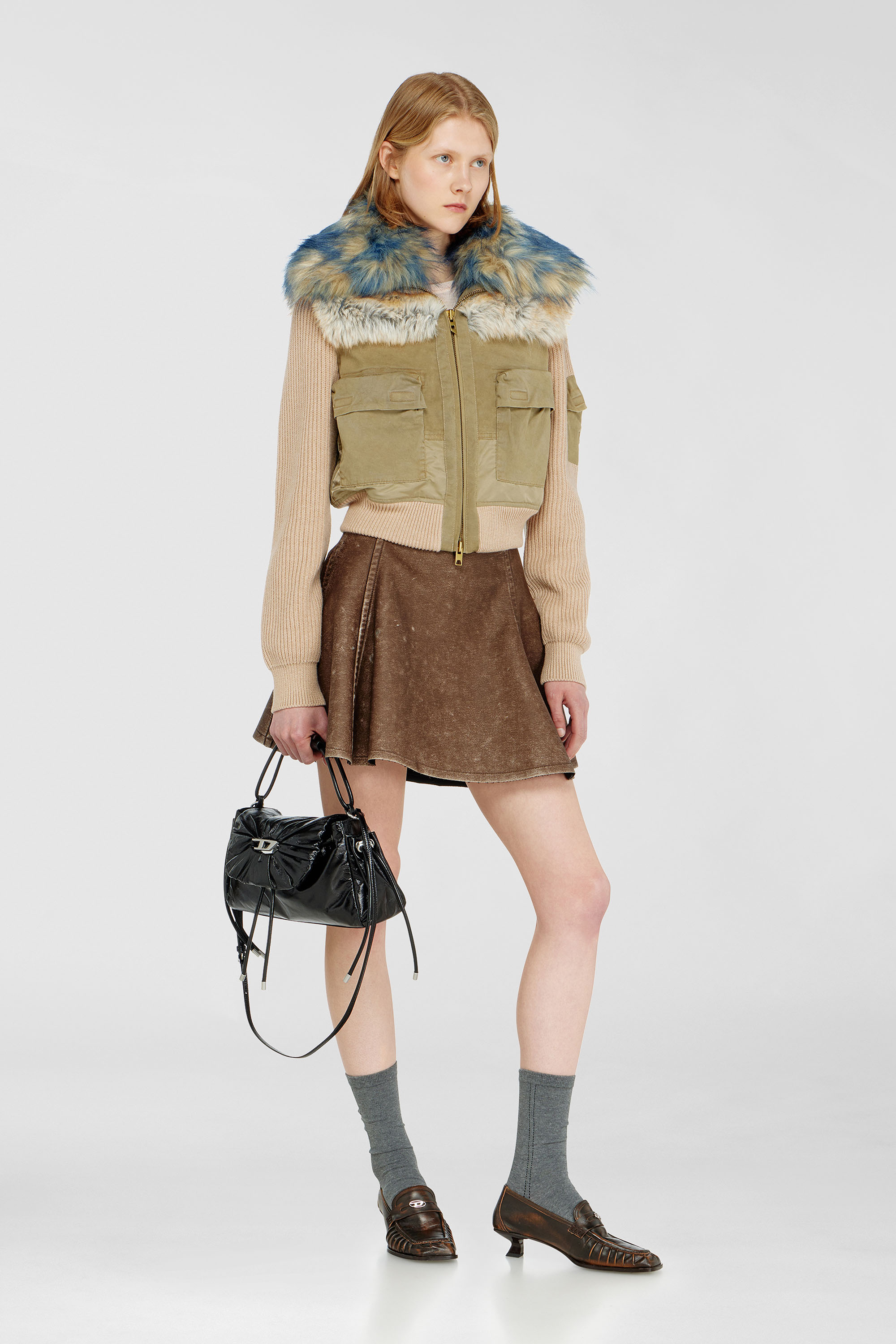 Bomber jacket with rib-knit and plush trims