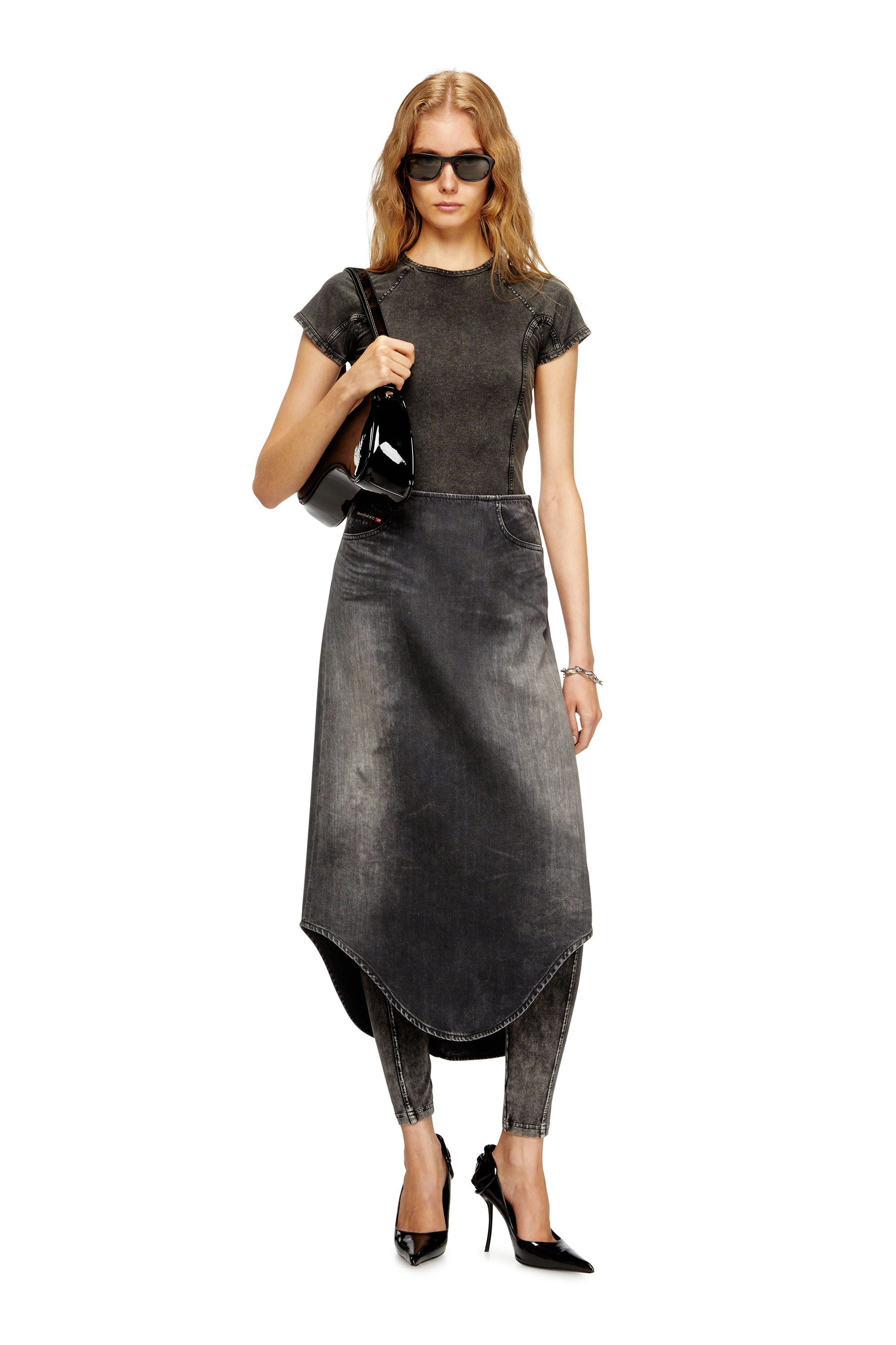 DE-PLUMY-S, Black Diesel - DE-PLUMY-S, Woman's Denim midi skirt with shadow effect in Black - 1