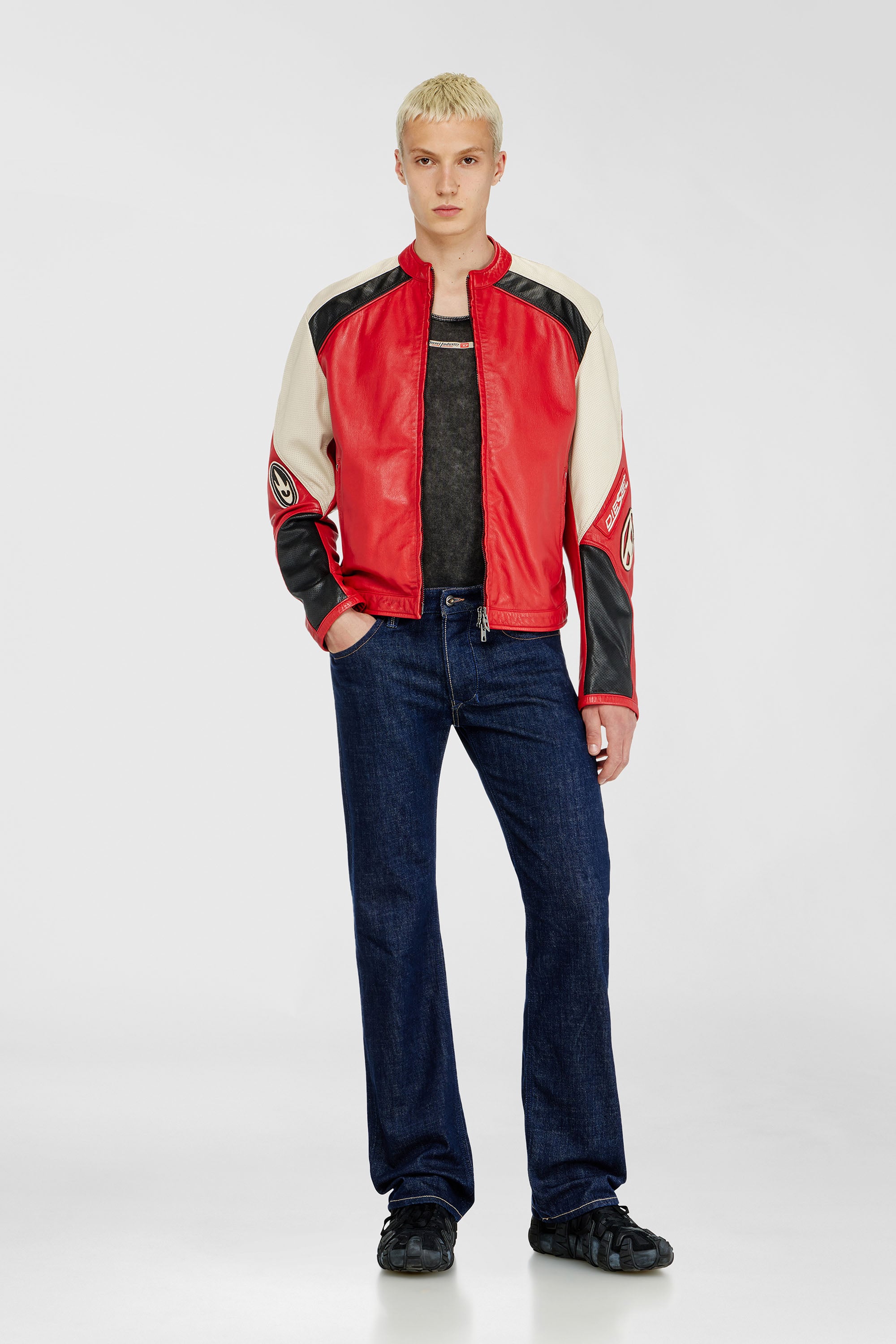 Biker jacket in colour-block perforated leather