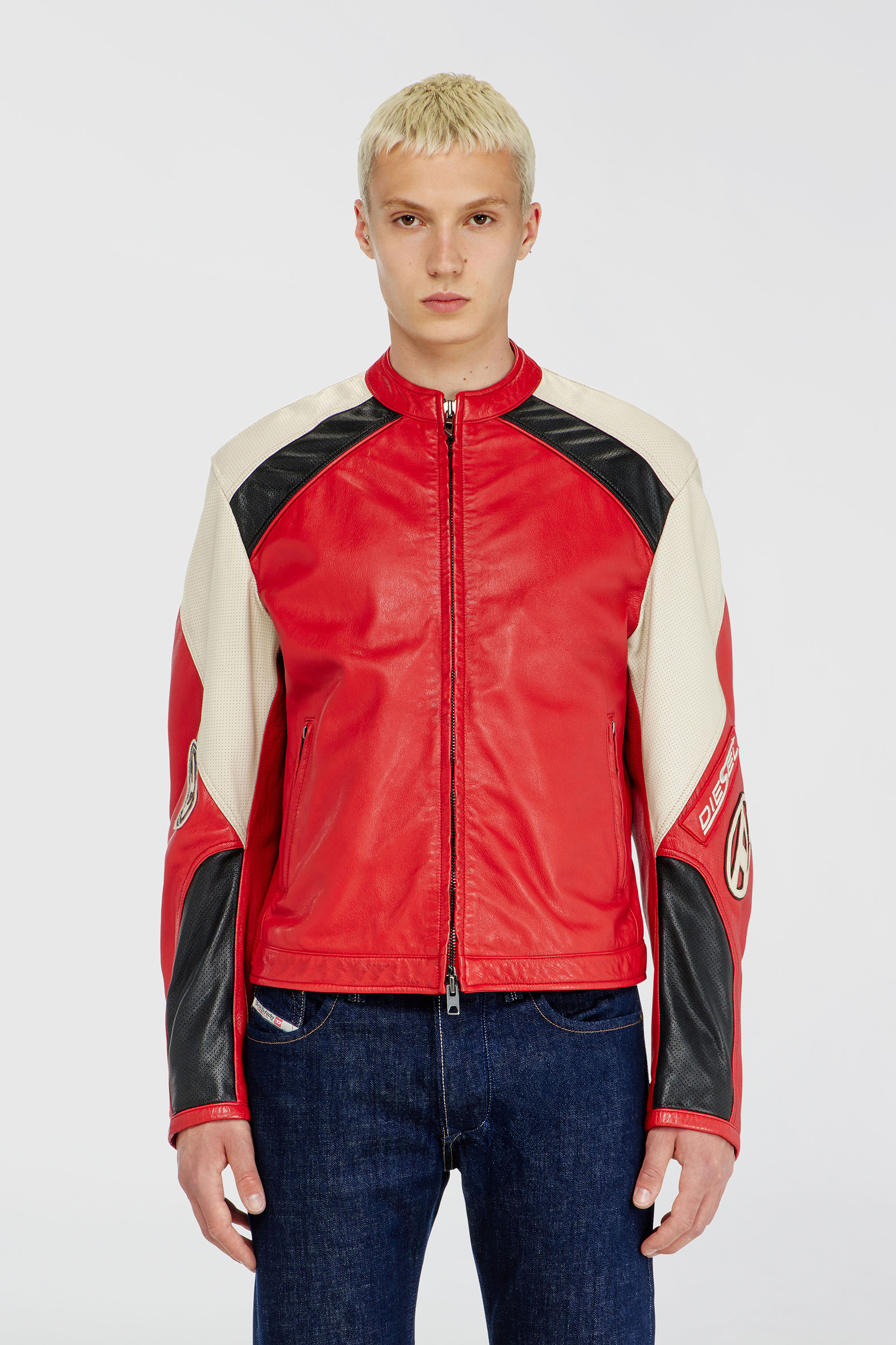 Diesel - L-AHTI, Man's Biker jacket in colour-block perforated leather in Beige/Red - 3