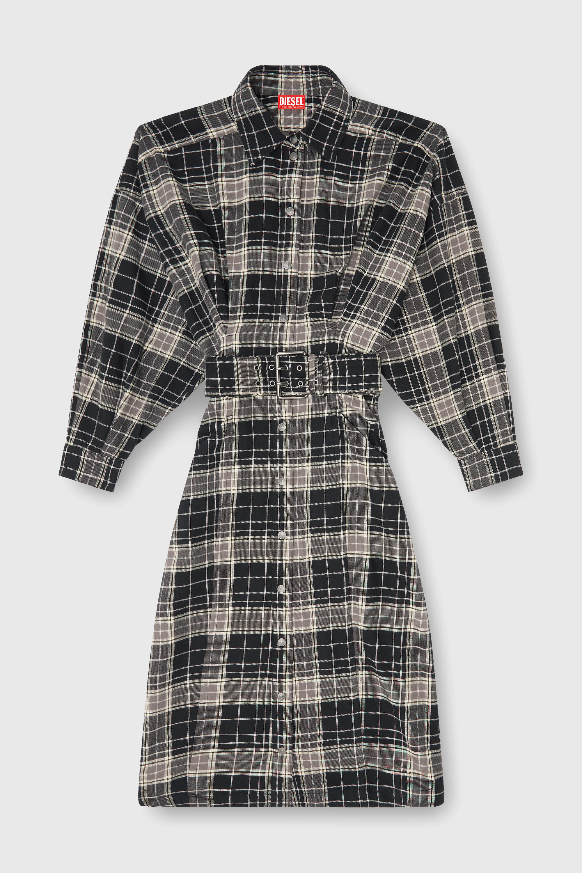 Diesel - D-EDALUS, Woman's Midi dress in check flannel with wide belt in Grey/Black - 2