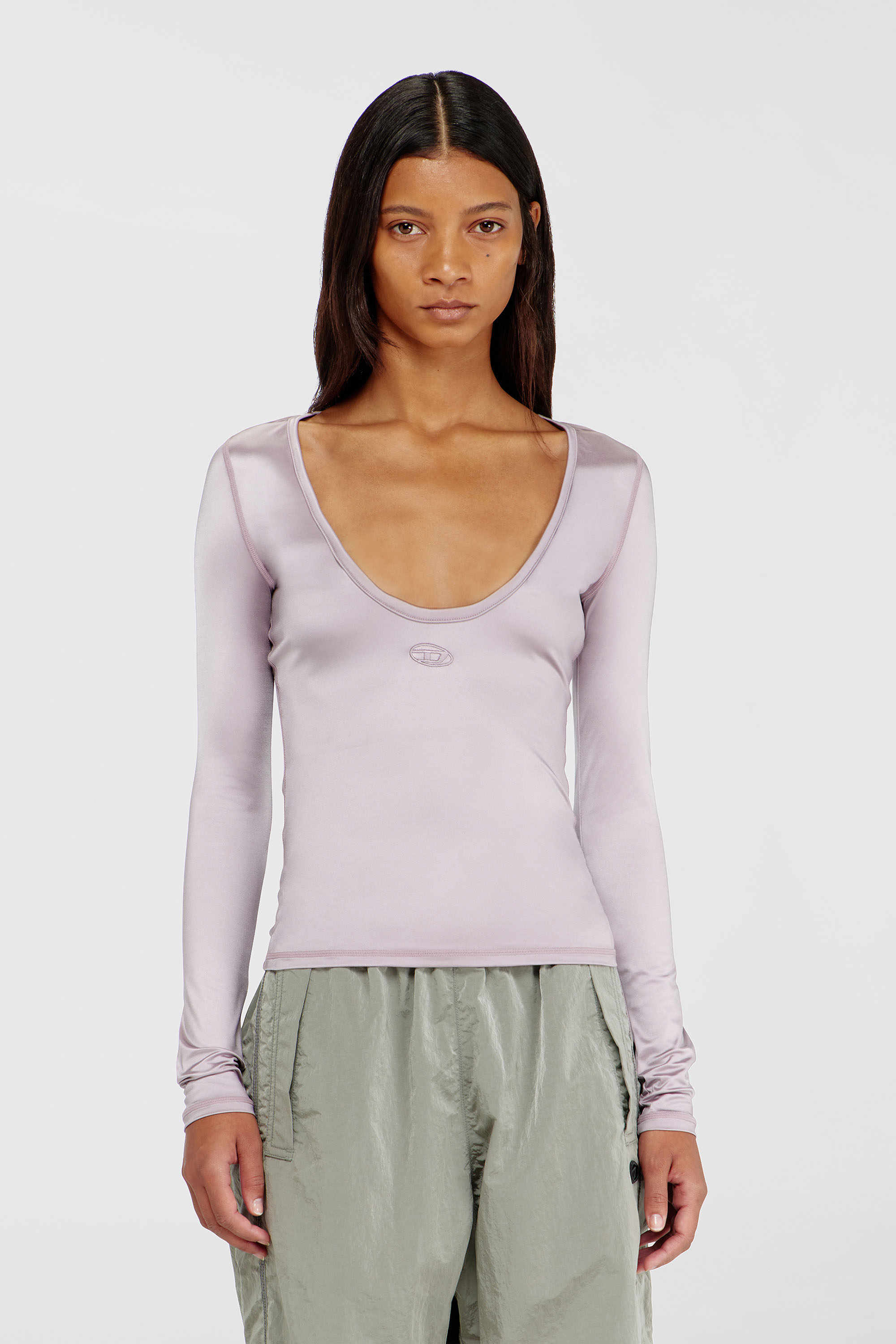 Diesel - T-ELPHIN-LS, Woman's Nylon slim top scoop neck with Logo Oval D embroidery in Lilac - 3