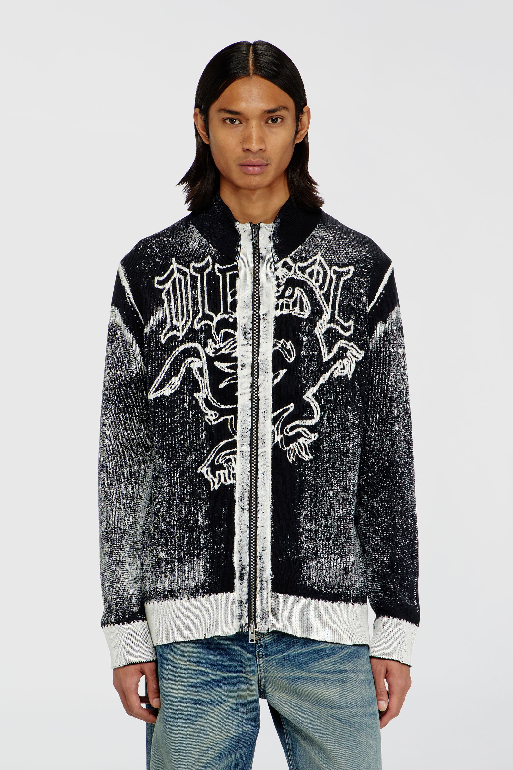 Diesel - K-LAUROS, Man's Treated zip cardigan with griffin motif in Black/White - 1