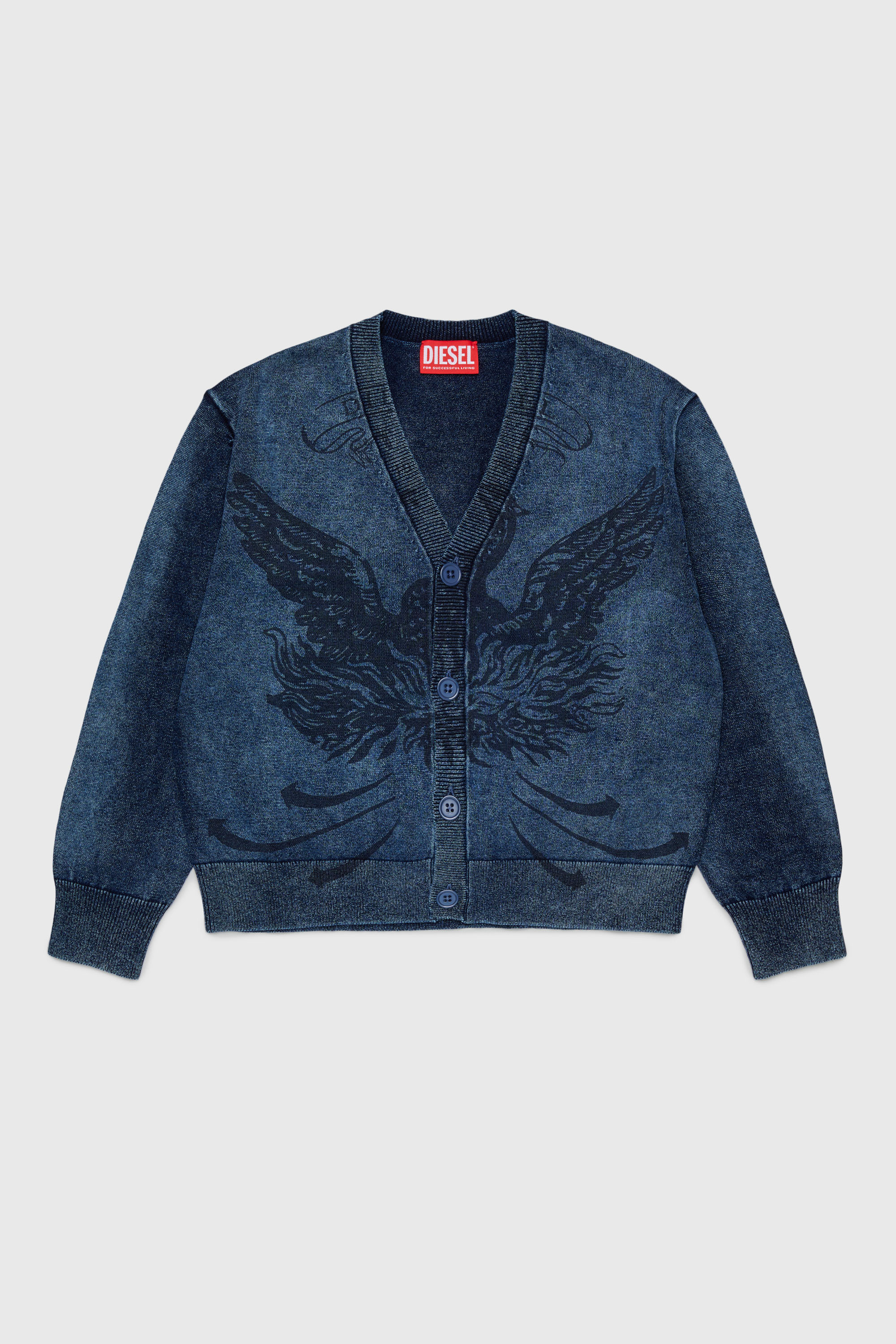 Diesel - KFINNIC CARDIGAN OVER, Man's Denim-effect cardigan with phoenix motif in Dark Blue - 1