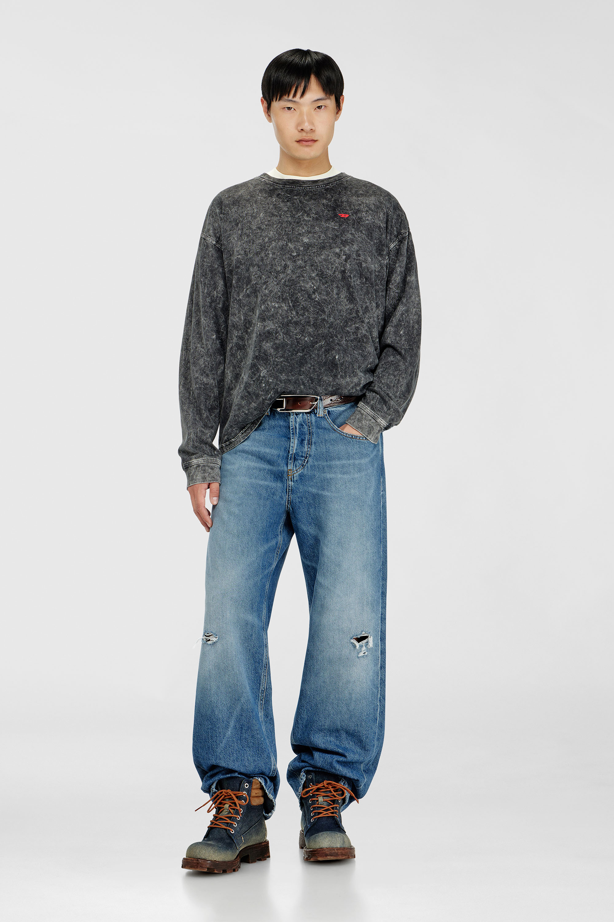 Diesel - T-BOXT-LS-AA5, Man's Long sleeve top with treated effect in Dark grey - 1