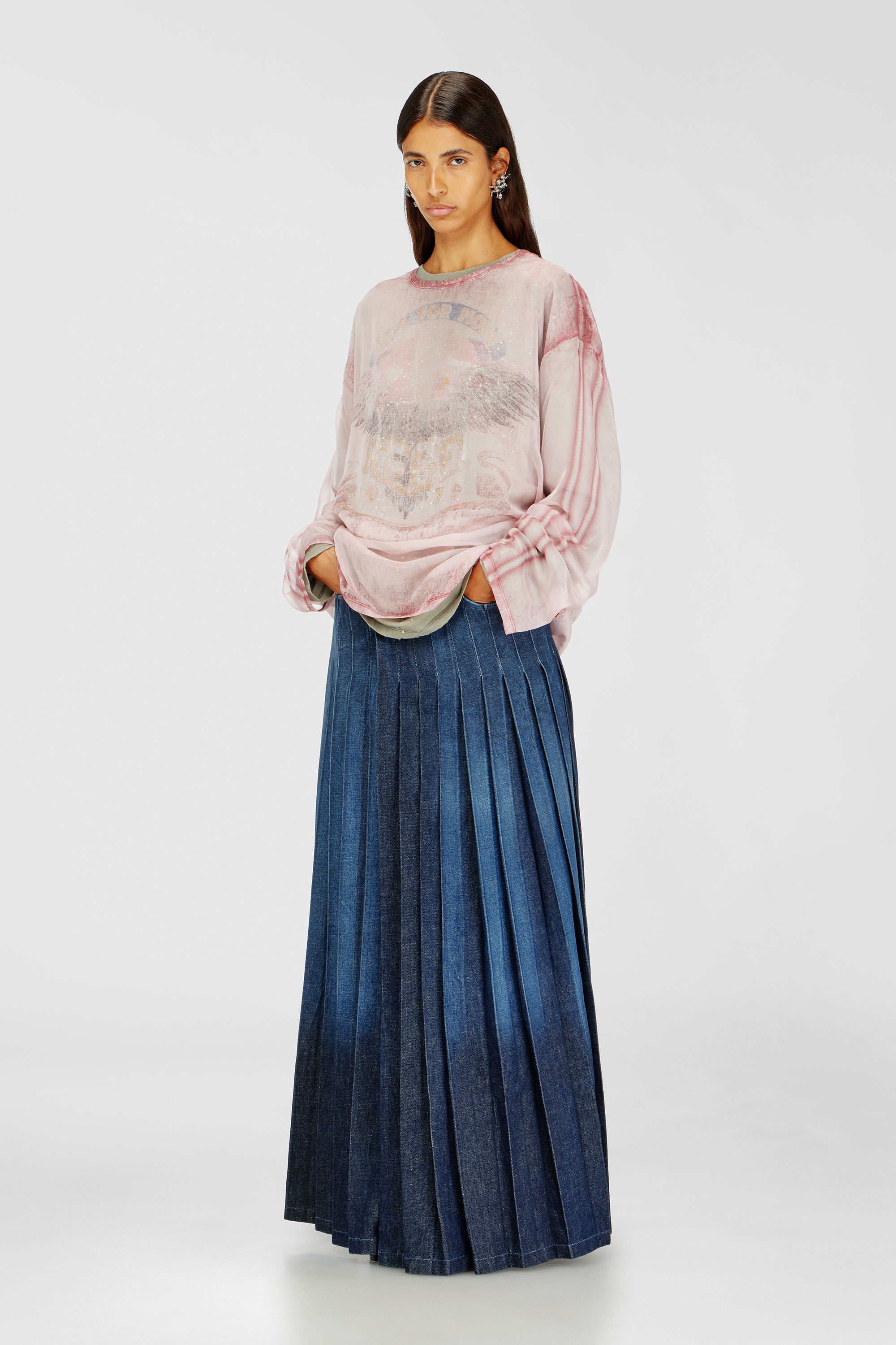 Diesel - D-QUILTY-FSJ1, Unisex's Long wrap skirt in pleated denim in Dark Blue - 6