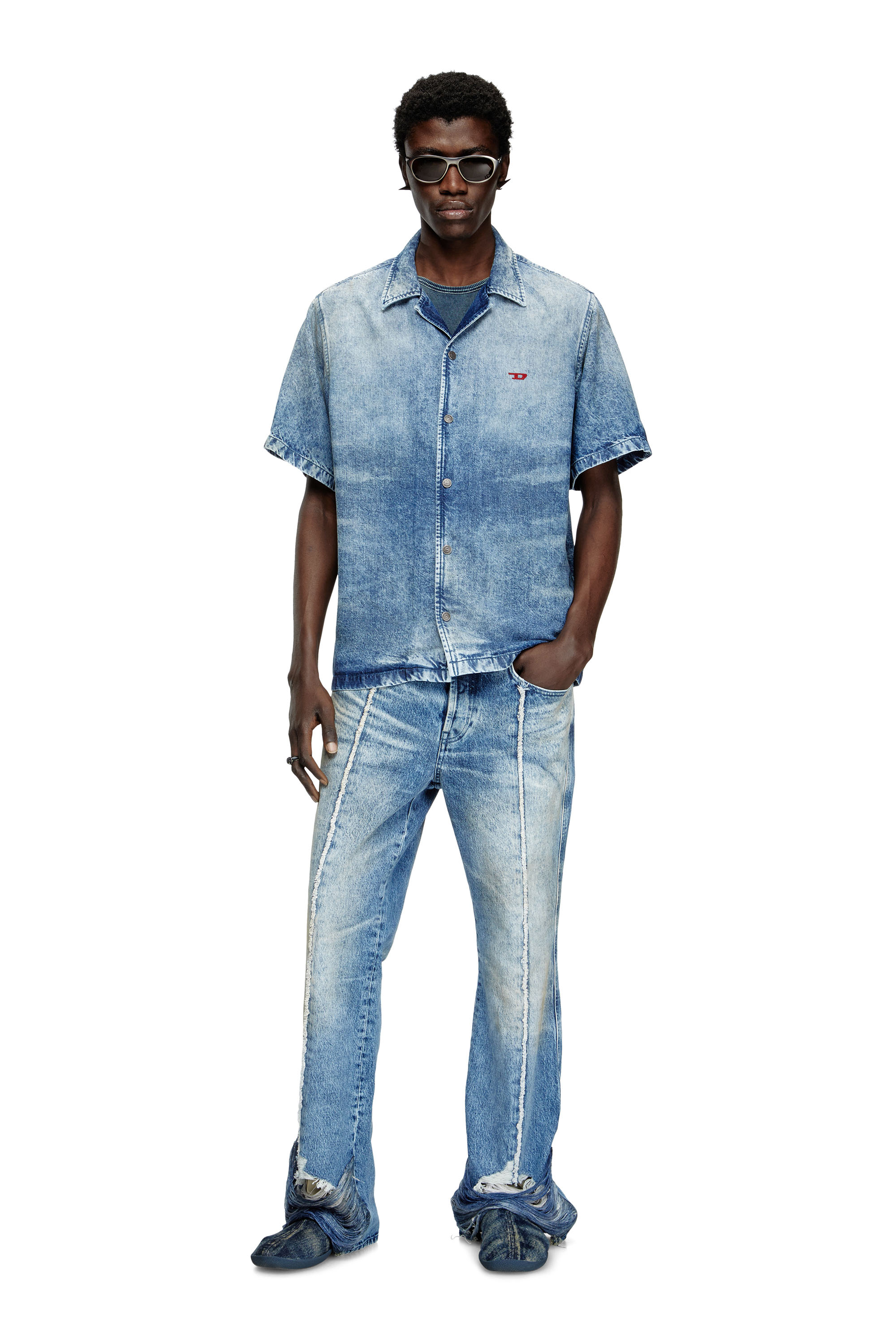 Diesel - D-NABIL-FSG, Man's Bowling shirt in distressed denim in Medium blue - 1