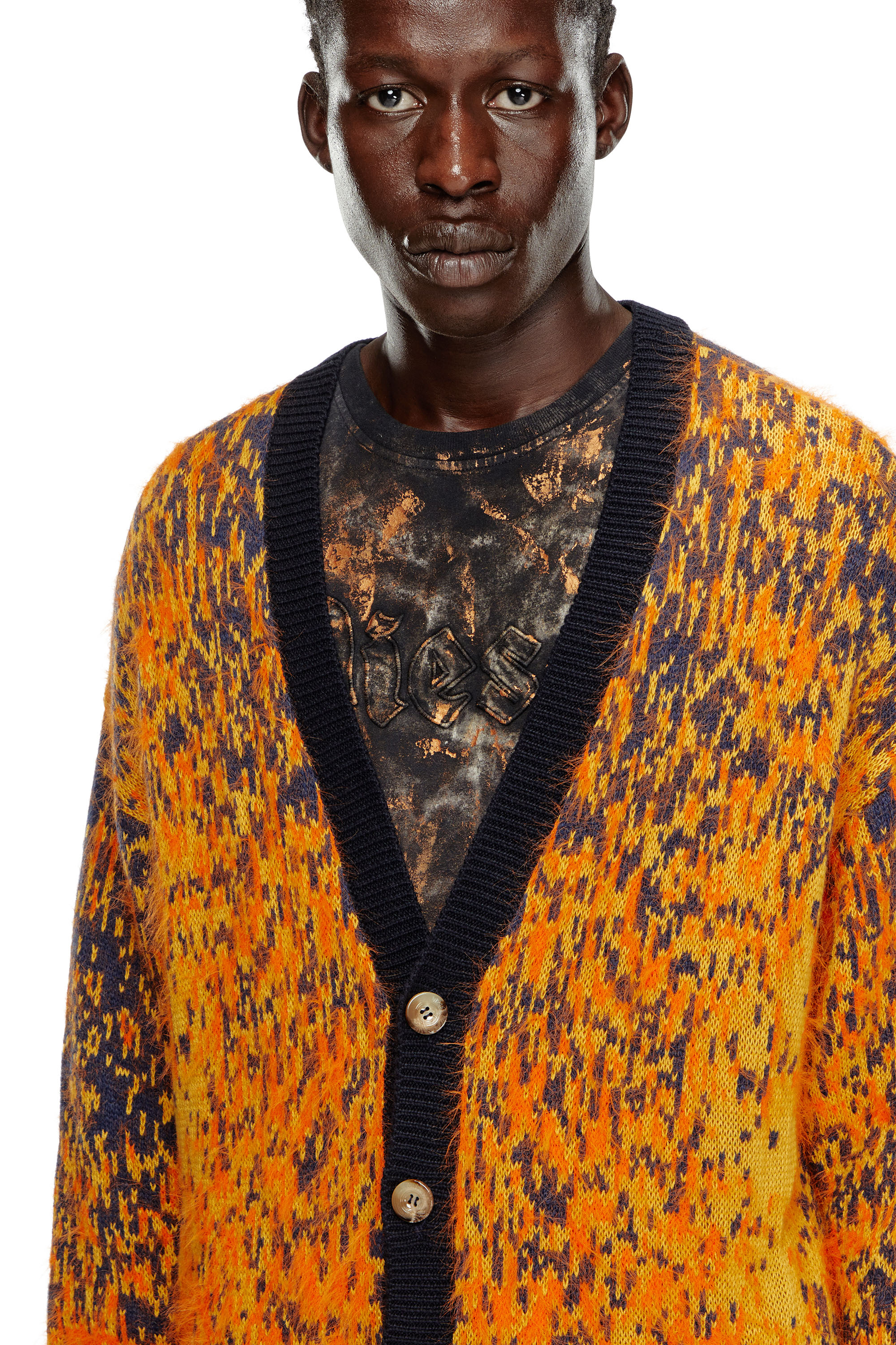 Diesel - K-RANGER, Man's Fuzzy cardigan with abstract pattern in Orange - 5