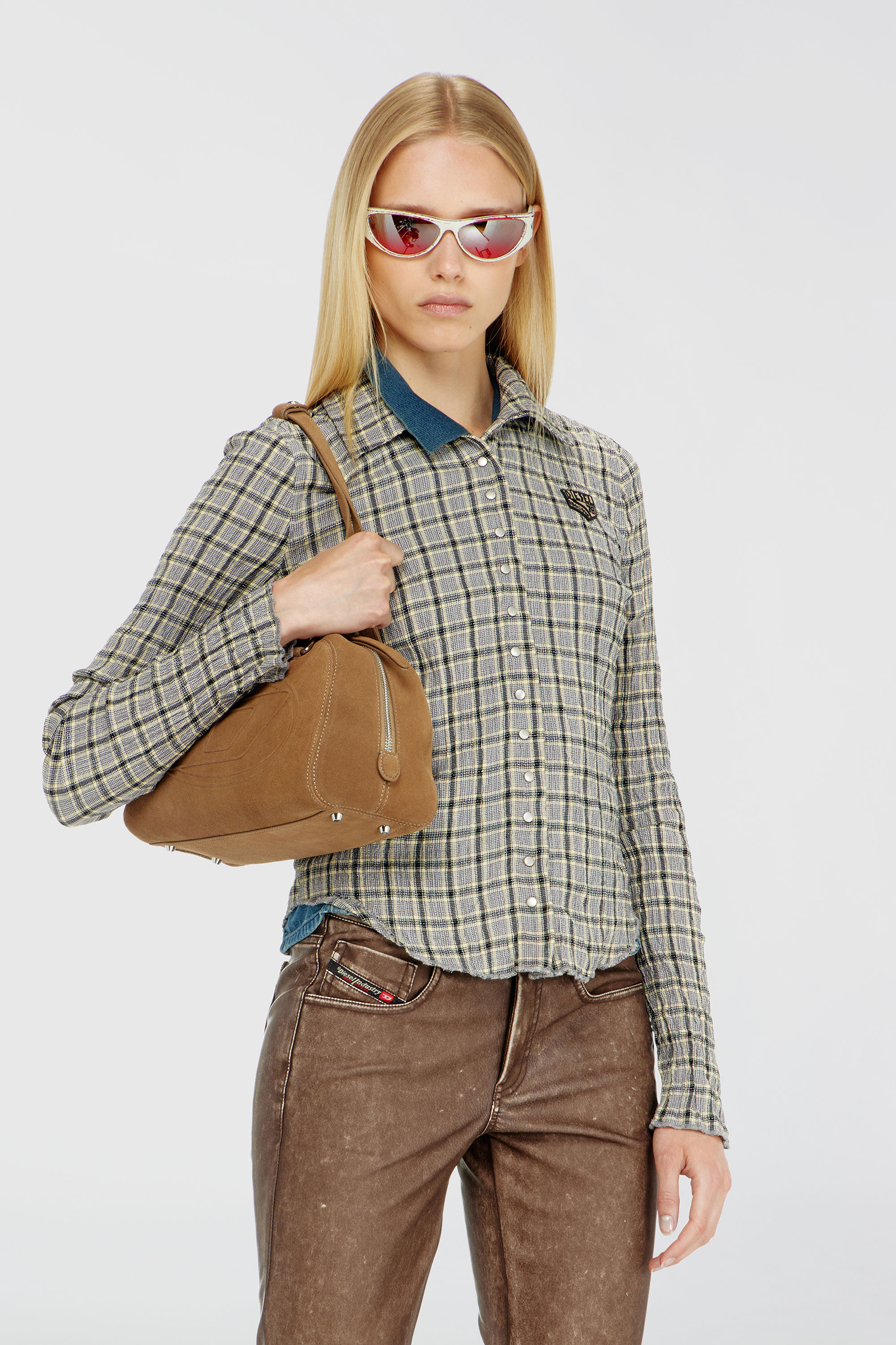Diesel - C-ARRILON, Woman's Check shirt with seersucker effect in Grey - 3