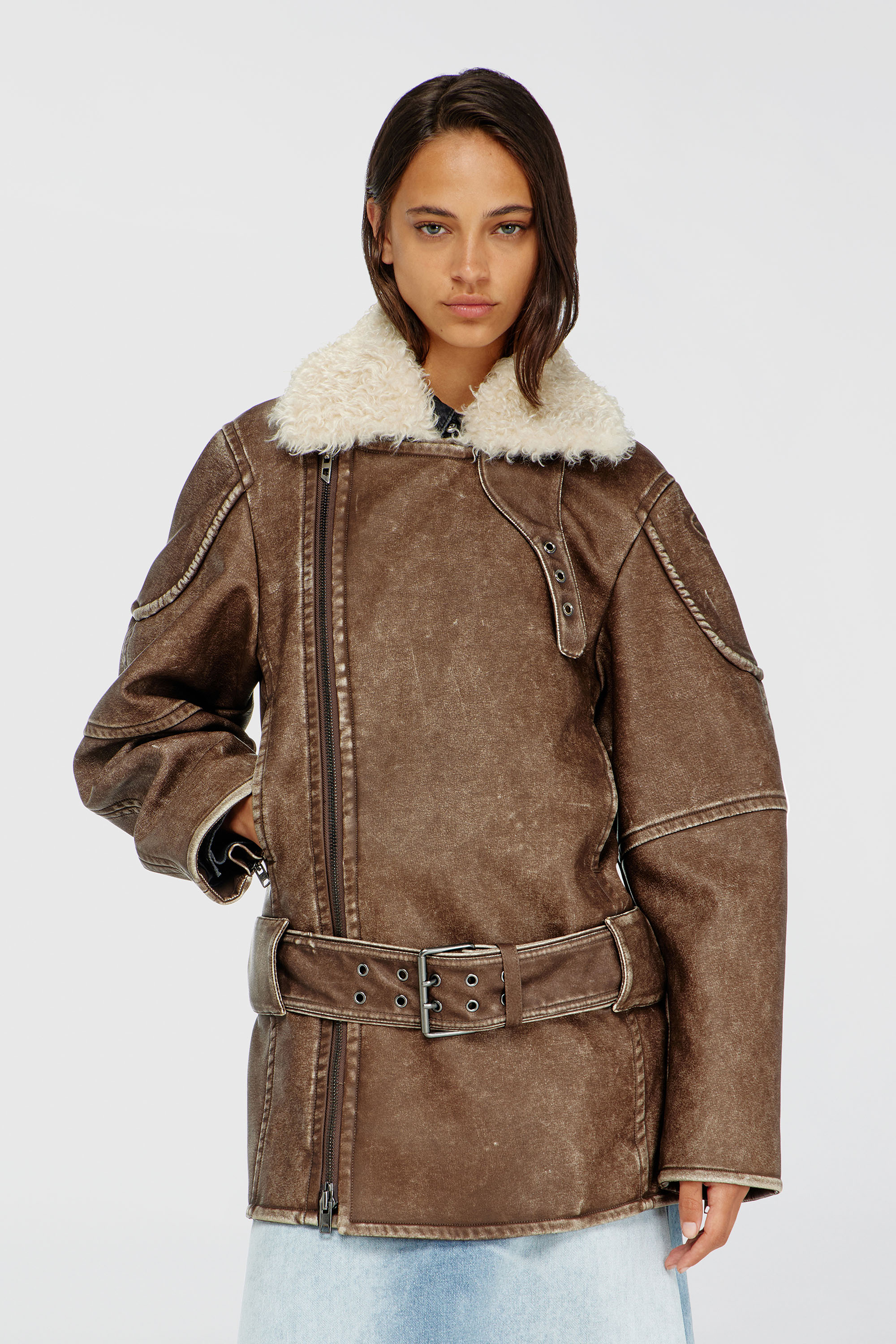 Diesel - G-EYSER, Woman's Double-breasted aviator-biker coat in Brown - 3