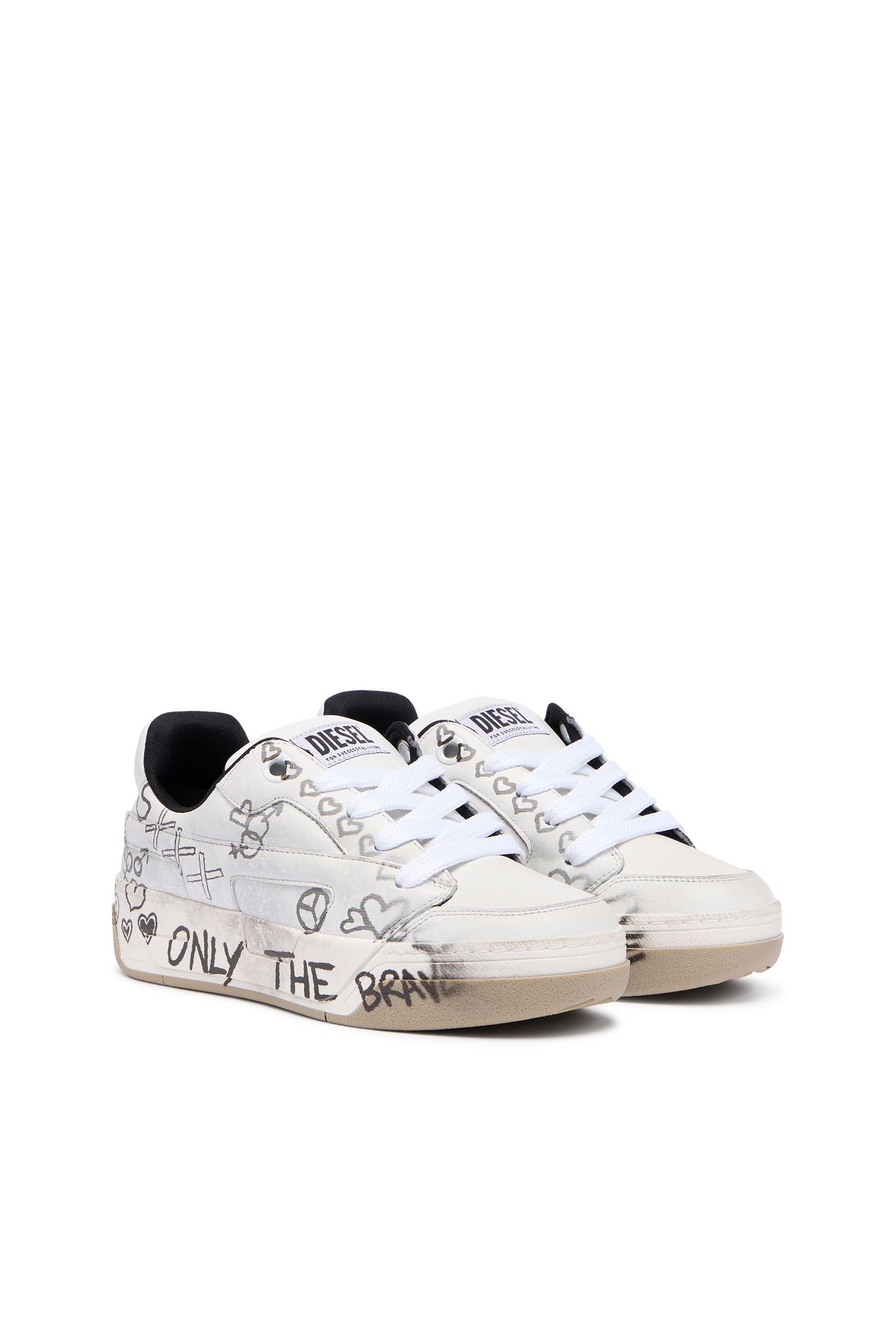 Diesel - S-D-OLLIE LOW W, Woman's D-Ollie-Leather sneakers with graffiti print in White/Brown - 2