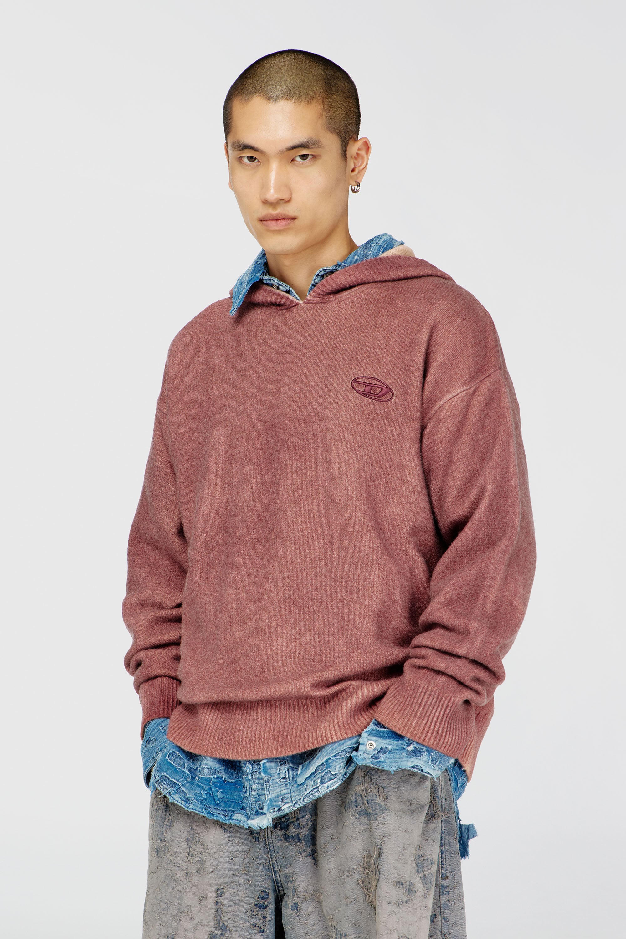 Diesel - K-PICKLED, Man's Double-dyed hoodie in wool-blend knit in Brown - 1