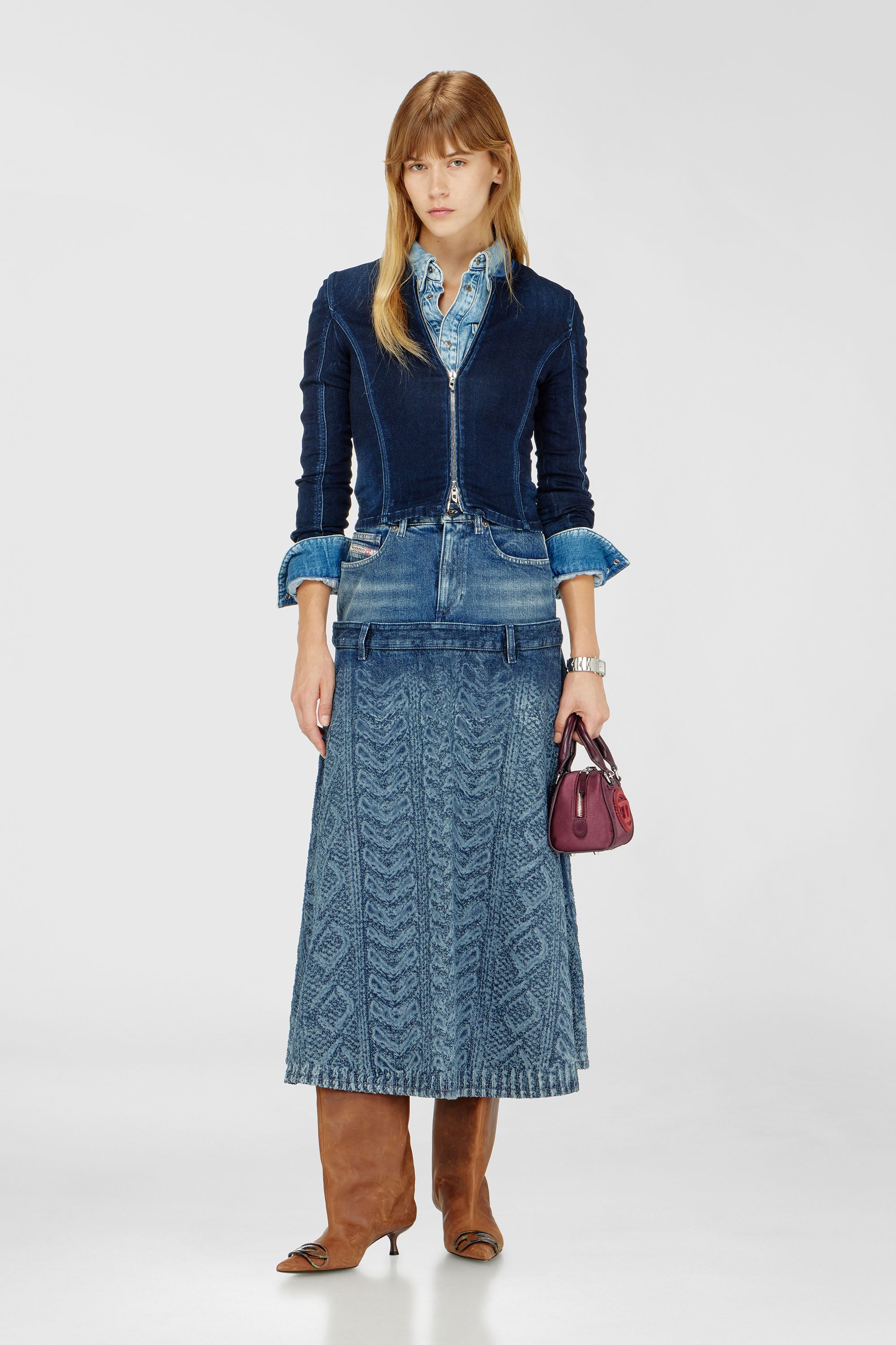 Midi skirt in cable-knit-effect denim